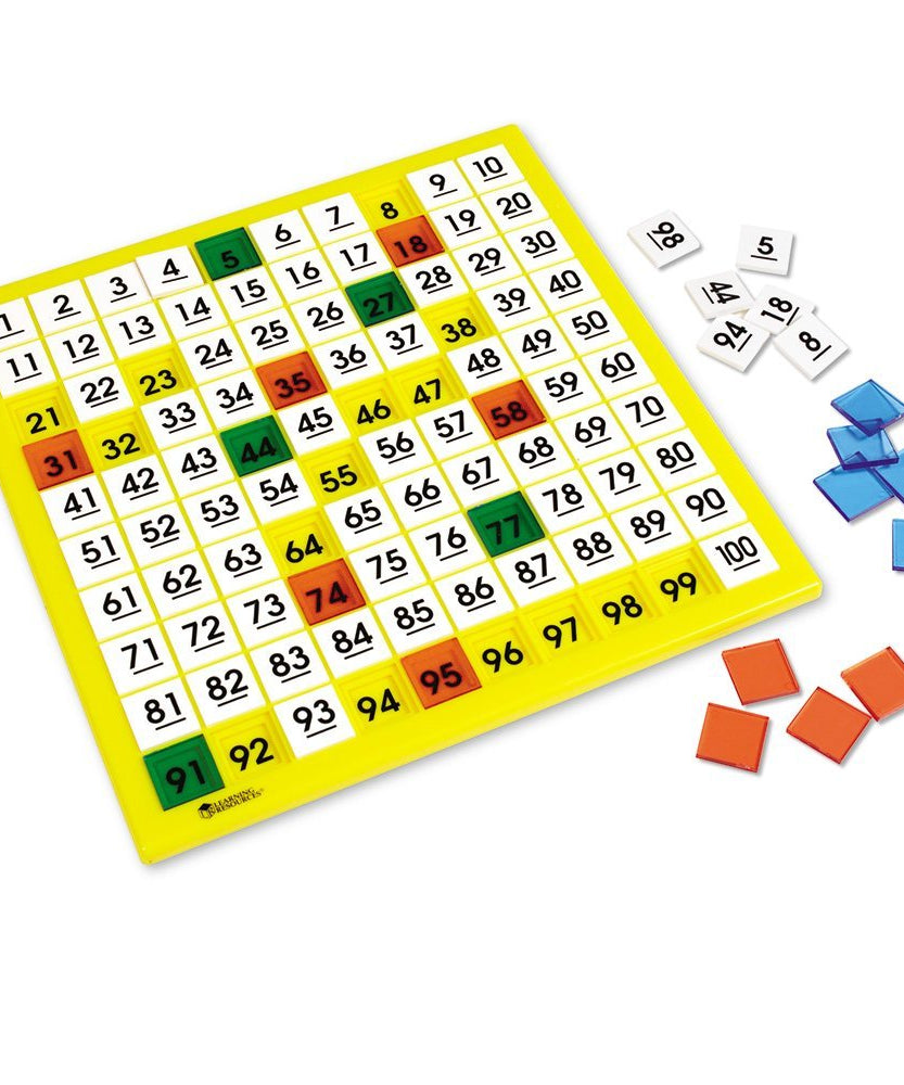 لوحة الأرقام المائة من Learning Resources، مصنوعة من البلاستيك، وهي مورد رياضي متعدد الاستخدامات للتعرف على الأرقام والأنماط والأنشطة البيانية، وتتضمن 100 بلاطة ودليل أنشطة، مناسبة للأعمار من 5 سنوات فما فوق
