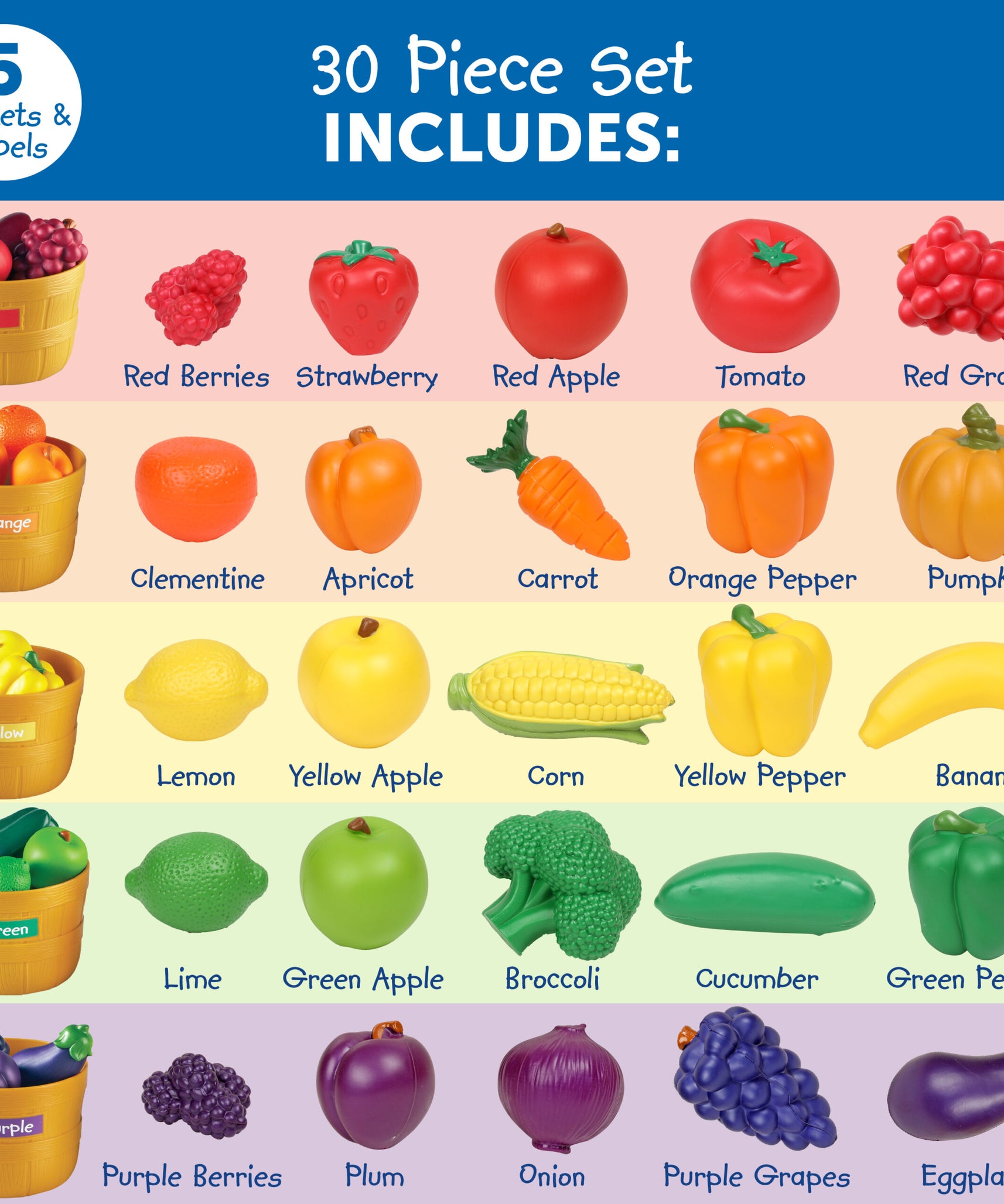 Learning Resources Farmer's Market Food Sorting Set, 25-Piece Toy Fruit & Vegetable Set for Role Play, Sorting, and Colour Recognition, Ideal for Kids Aged 3+