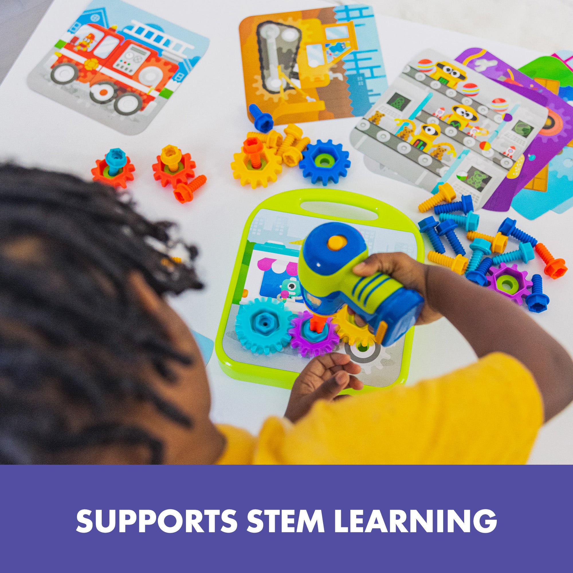 ورشة عمل تصميم وتروس الحفر من Learning Resources، لعبة بناء STEM مع مثقاب كهربائي، وتروس، ومسامير، ولوحة أنشطة، تُنمي المهارات الحركية الدقيقة والمفاهيم الهندسية المبكرة، للأعمار من 3 سنوات فما فوق