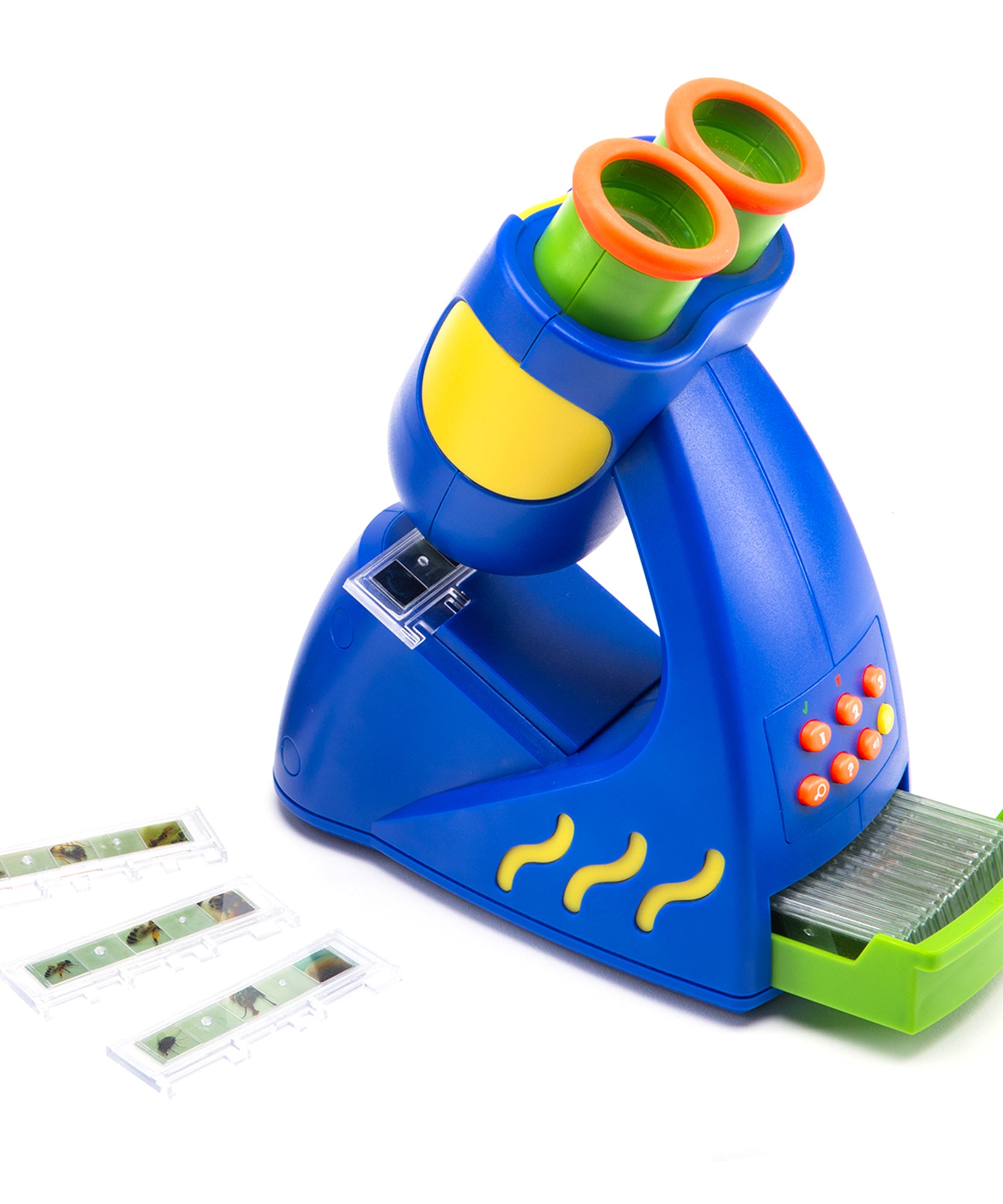 موارد التعلم: مجهر ناطق GeoSafari، مجهر عملي حقيقي مناسب للأطفال بصوت بيندي إروين، ٢٠ شريحة مُعدّة مسبقًا، صوت متعدد اللغات، مناسب للأعمار من ٤ سنوات فما فوق