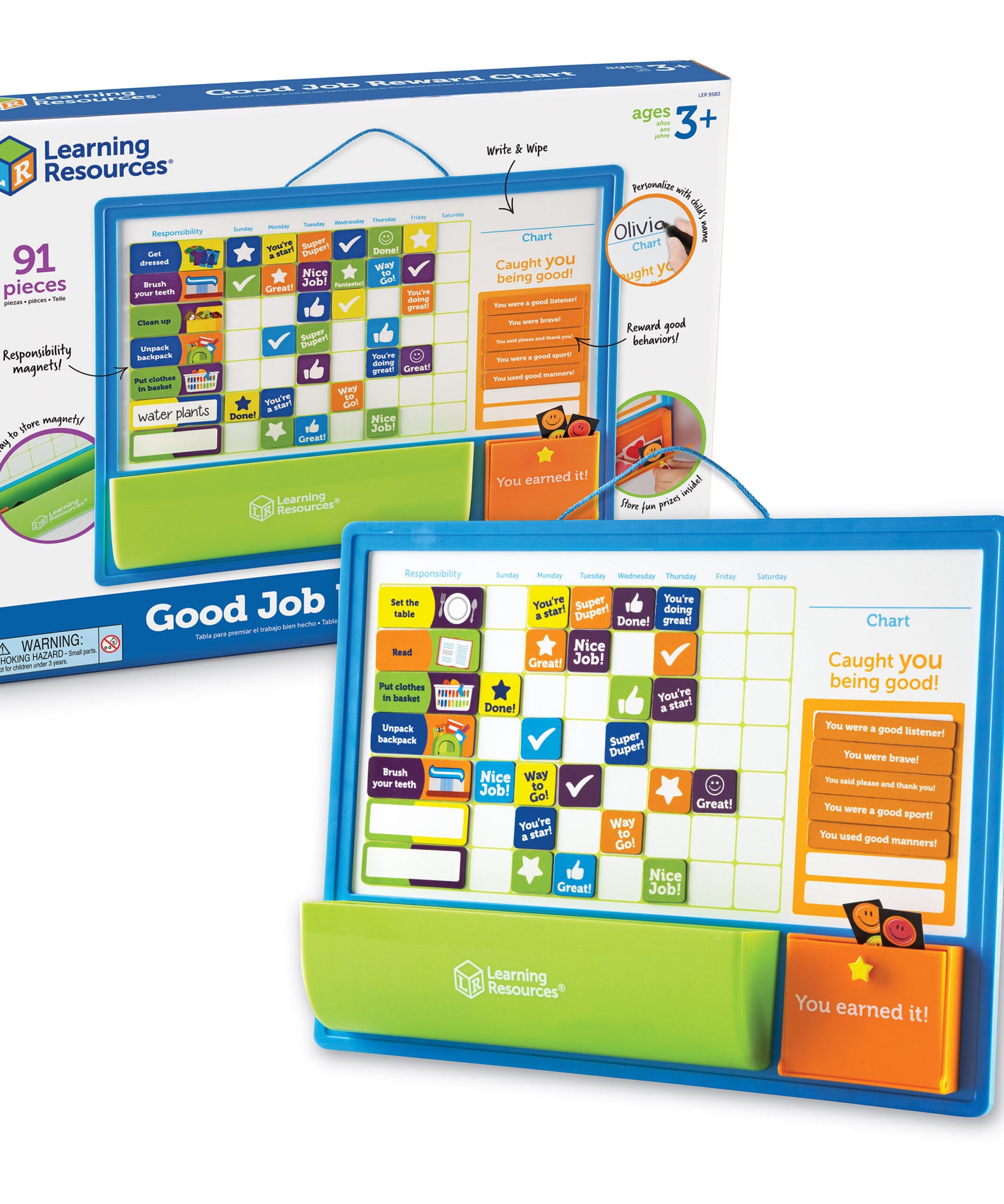 Learning Resources Good Job Magnetic Reward Chart for Kids, Customisable Behavior and Responsibility Tracker with 91 Magnets, Hanging Cord and Storage Tray, Ages 3+