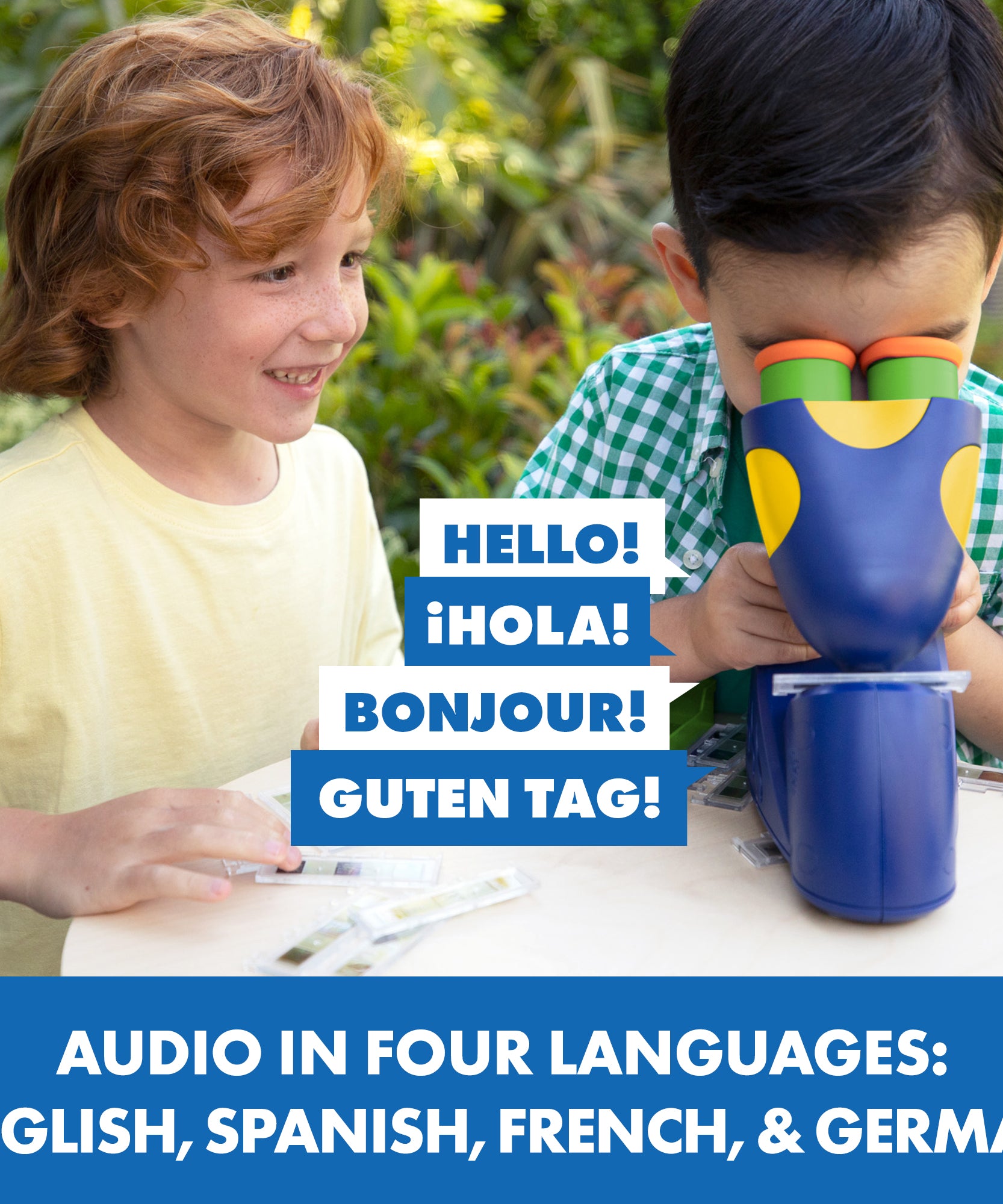 موارد التعلم: مجهر ناطق GeoSafari، مجهر عملي حقيقي مناسب للأطفال بصوت بيندي إروين، ٢٠ شريحة مُعدّة مسبقًا، صوت متعدد اللغات، مناسب للأعمار من ٤ سنوات فما فوق