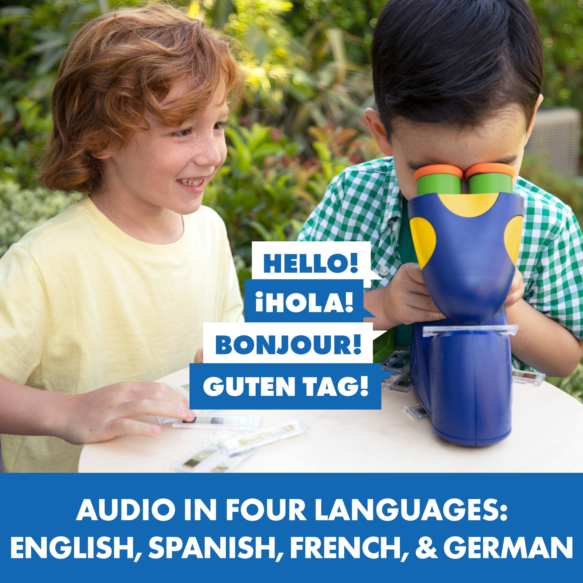 موارد التعلم: مجهر ناطق GeoSafari، مجهر عملي حقيقي مناسب للأطفال بصوت بيندي إروين، ٢٠ شريحة مُعدّة مسبقًا، صوت متعدد اللغات، مناسب للأعمار من ٤ سنوات فما فوق