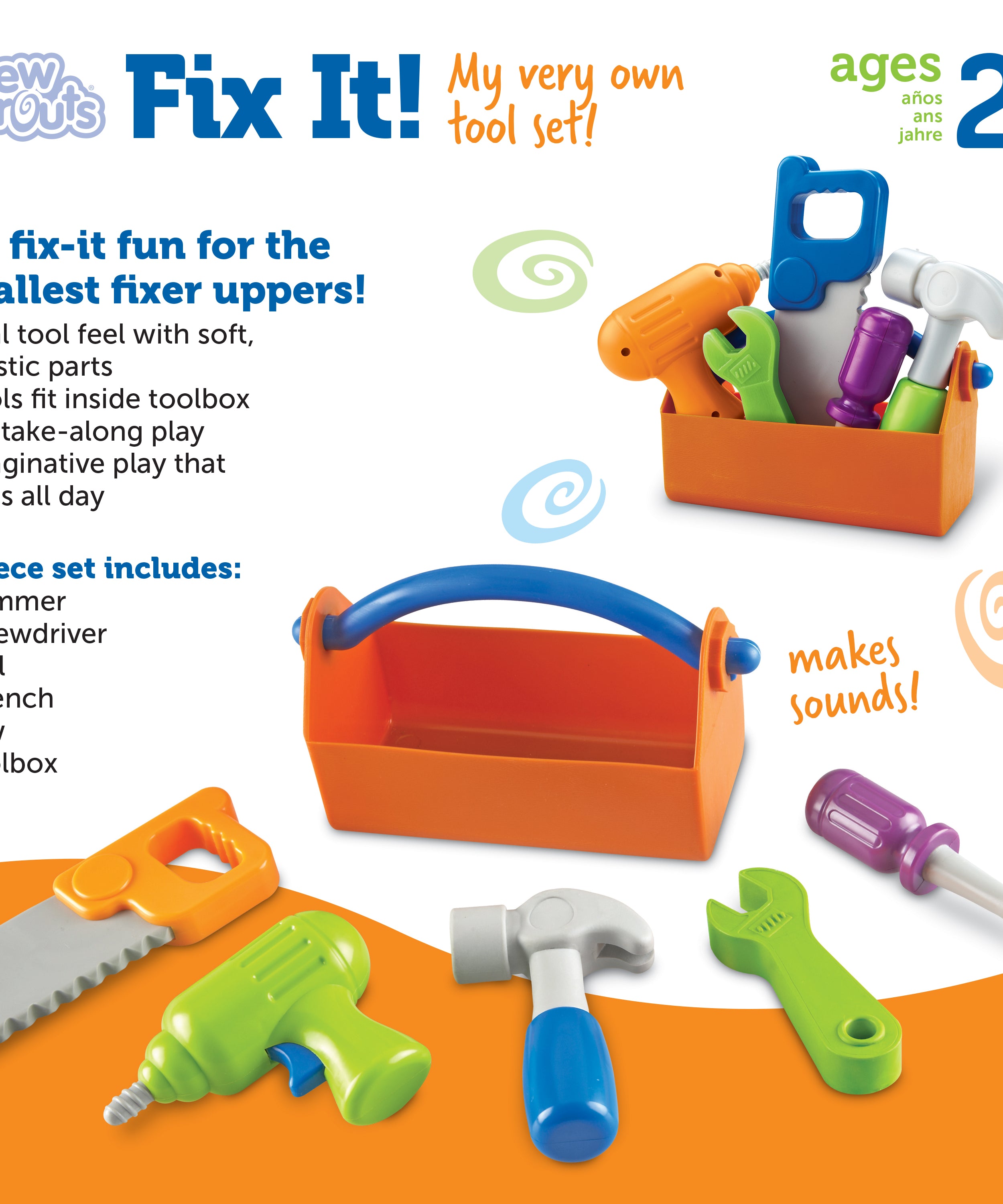 مجموعة أدوات New Sprouts Fix It من Learning Resources - أدوات لعب تظاهرية للأطفال الصغار من عمر سنتين فما فوق