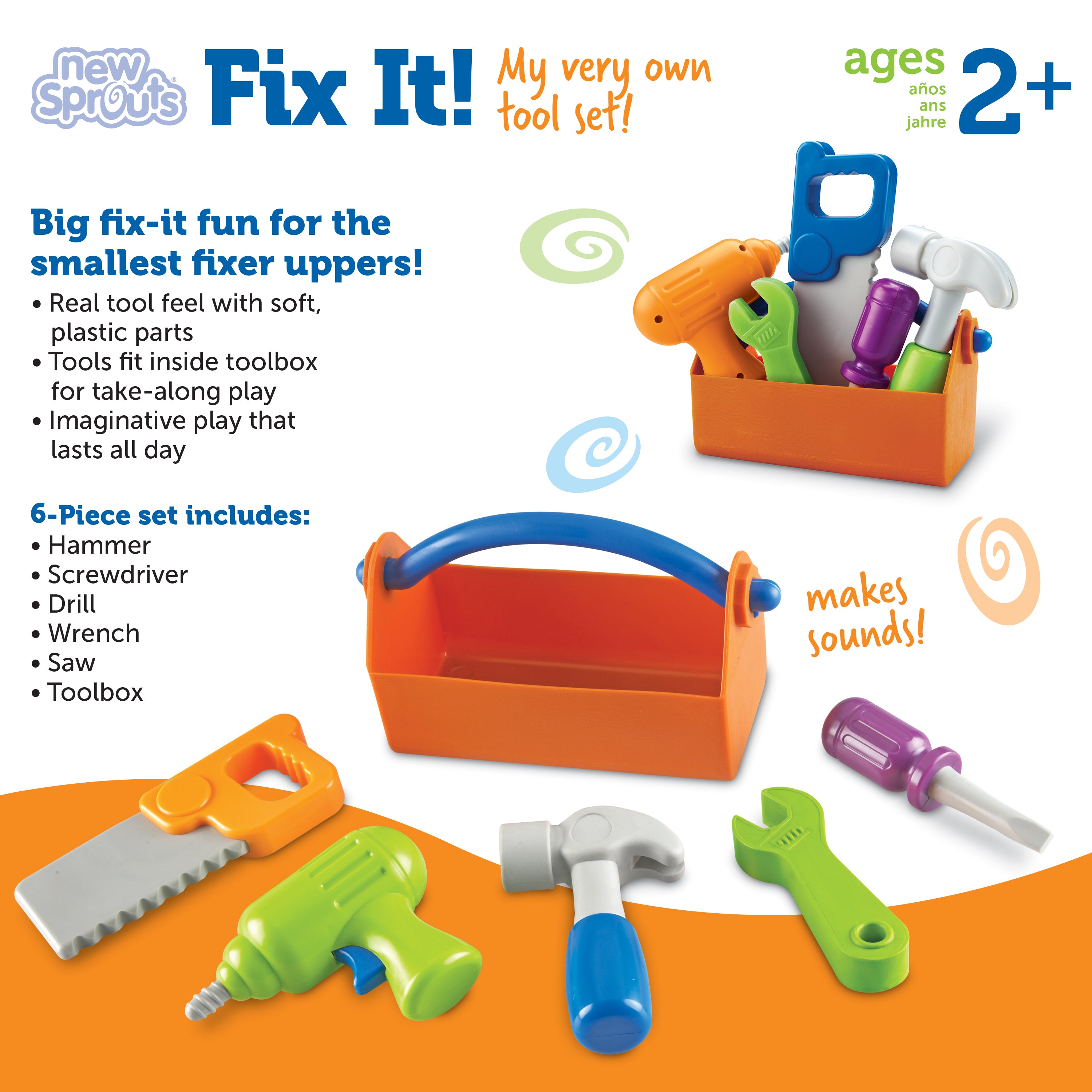 مجموعة أدوات New Sprouts Fix It من Learning Resources - أدوات لعب تظاهرية للأطفال الصغار من عمر سنتين فما فوق