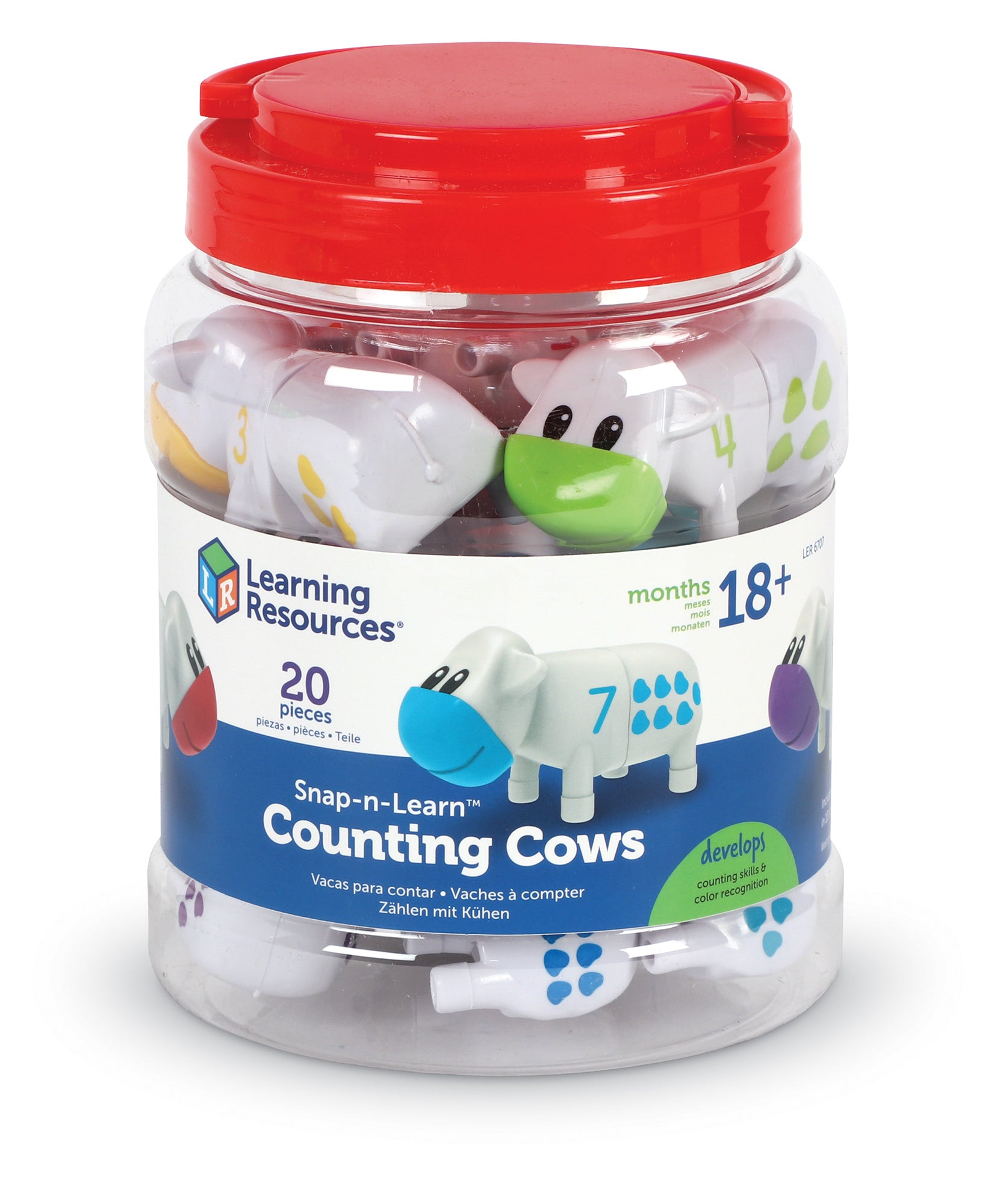 موارد التعلم Snap-n-Learn، لعبة عد الأبقار، لعبة رياضيات مبكرة للأطفال الصغار مع مطابقة الأرقام والأشكال، 10 أبقار ملونة من قطعتين مع حوض تخزين، للأعمار من سنتين فما فوق