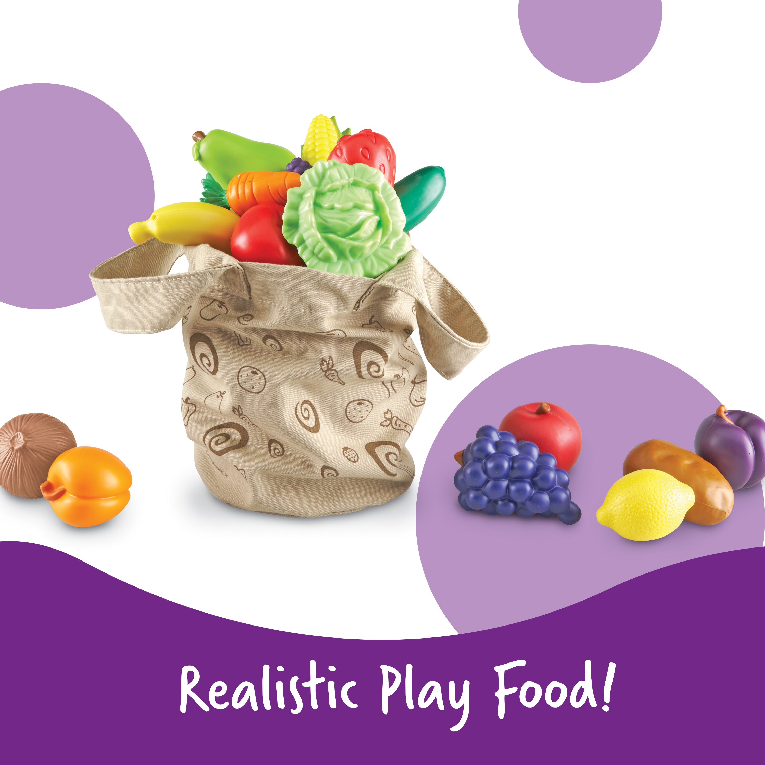 Learning Resources New Sprouts Fruit and Veg Tote, 20 Piece Pretend Food Set for Toddlers, Soft Touch Play Food for Role Play and Healthy Eating, Ages 2+