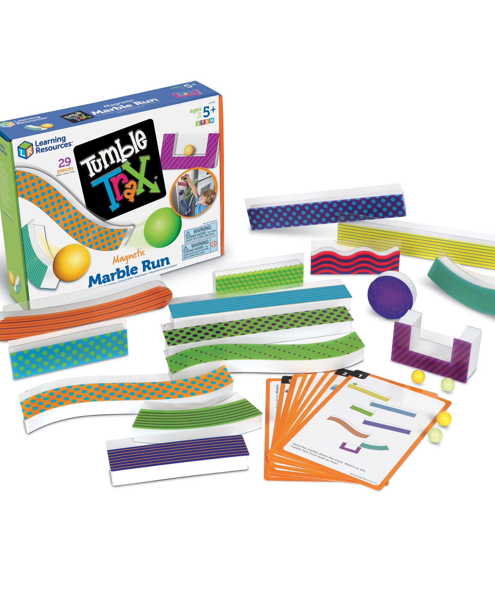 Learning Resources Tumble Trax Magnetic Marble Run, Encourages Engineering & Critical Thinking, Endless Design Combinations, Includes 14 Magnetic Pieces, 10 Activity Cards, 4 Marbles, Ages 5+