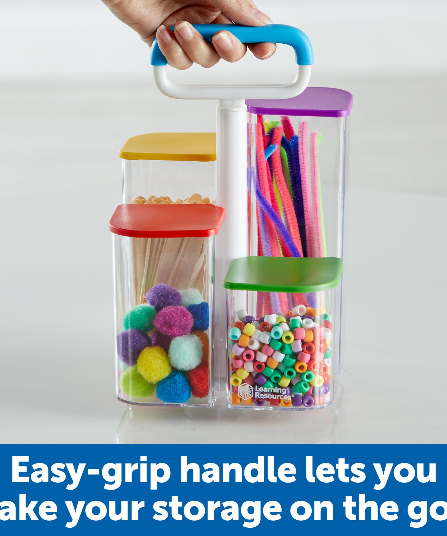 صندوق تخزين شفاف Create-a-Space من Learning Resources، منظم محمول مزود بأربعة صناديق شفافة وأغطية ملونة، مثالي لتخزين اللوازم الفنية أو الفصول الدراسية أو المطبخ