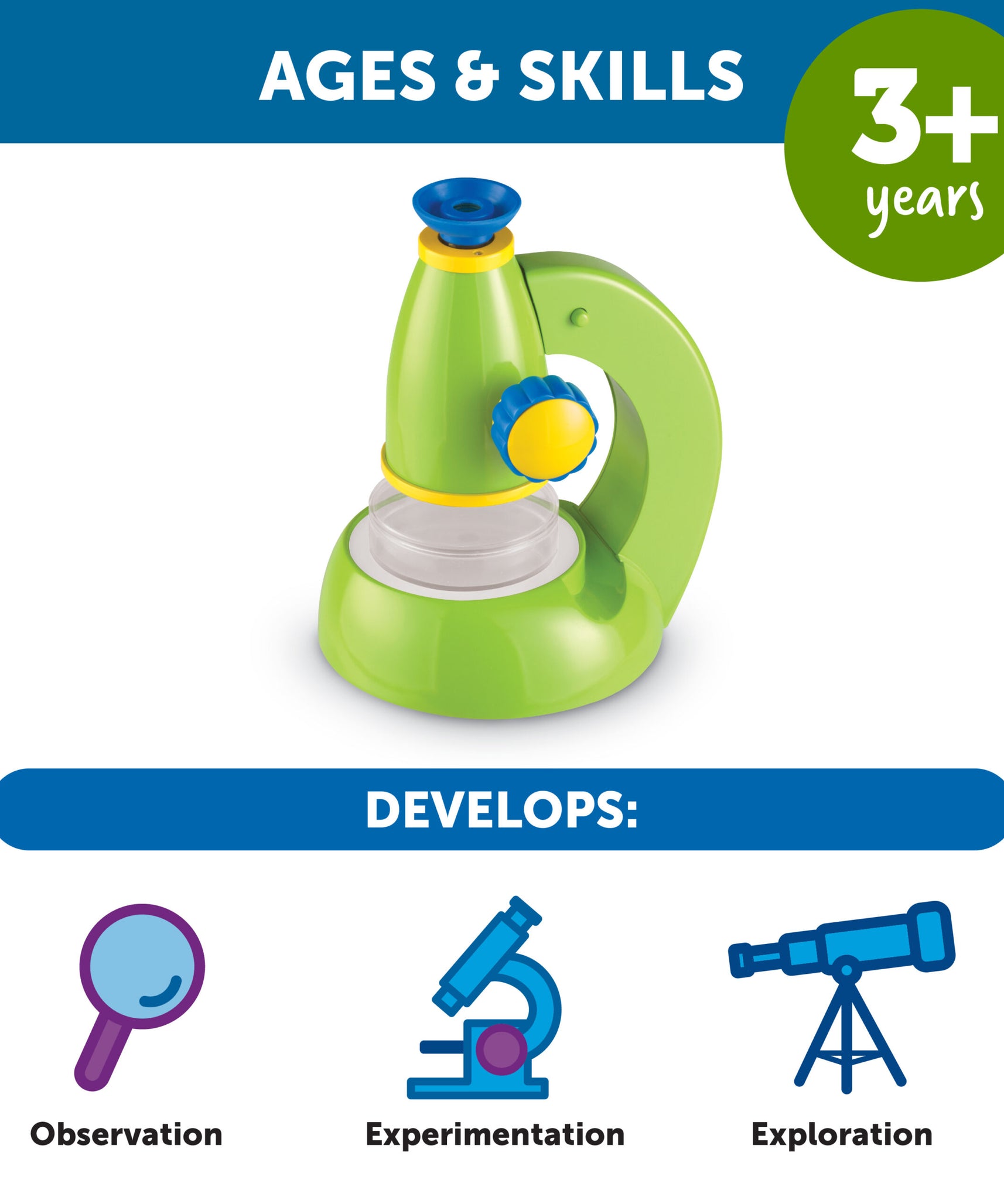 موارد التعلم، مجهر ViewScope للعلوم الأساسية، مجهر عملي للأطفال، تكبير 20 ضعفًا، عارض قابل للفصل، عدسة عينية ناعمة للراحة، يتضمن جرابًا بلاستيكيًا شفافًا للعينات، مناسب للأعمار من 3 سنوات فما فوق