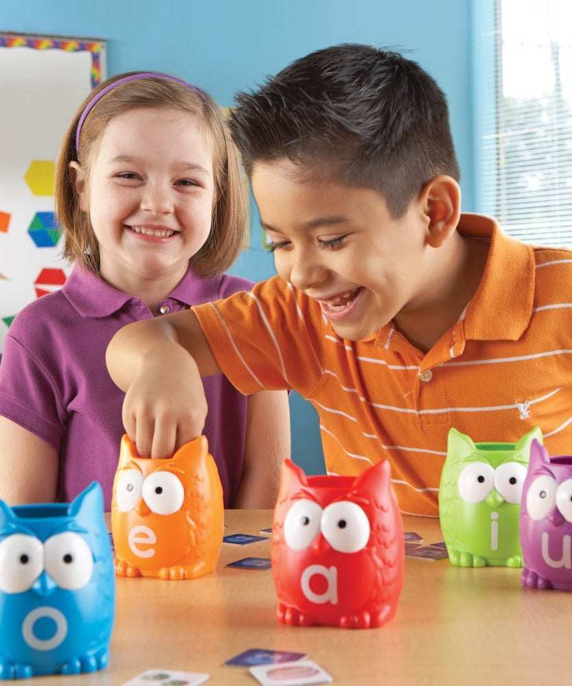 مجموعة فرز حروف العلة على شكل بومة من Learning Resources، نشاط تعليمي عملي للأطفال مع 100 بطاقة صور و6 حاويات بومة، تُعلّم أصوات حروف العلة القصيرة والطويلة، للأعمار من 5 سنوات فما فوق