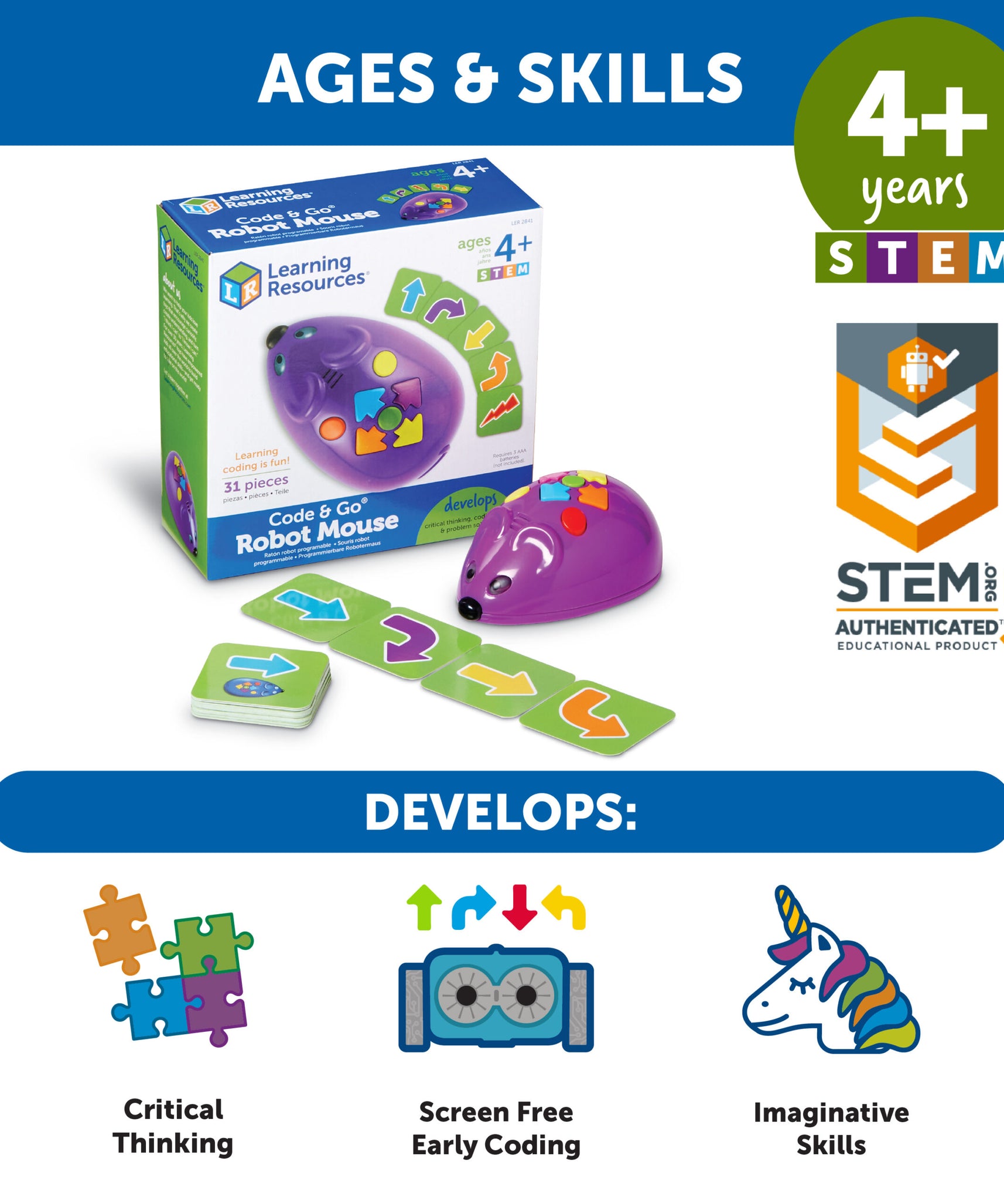 Learning Resources Code & Go Robot Mouse, Early STEM Coding Set for Kids Ages 4+, Hands-On Learning with Jack the Robot Mouse
