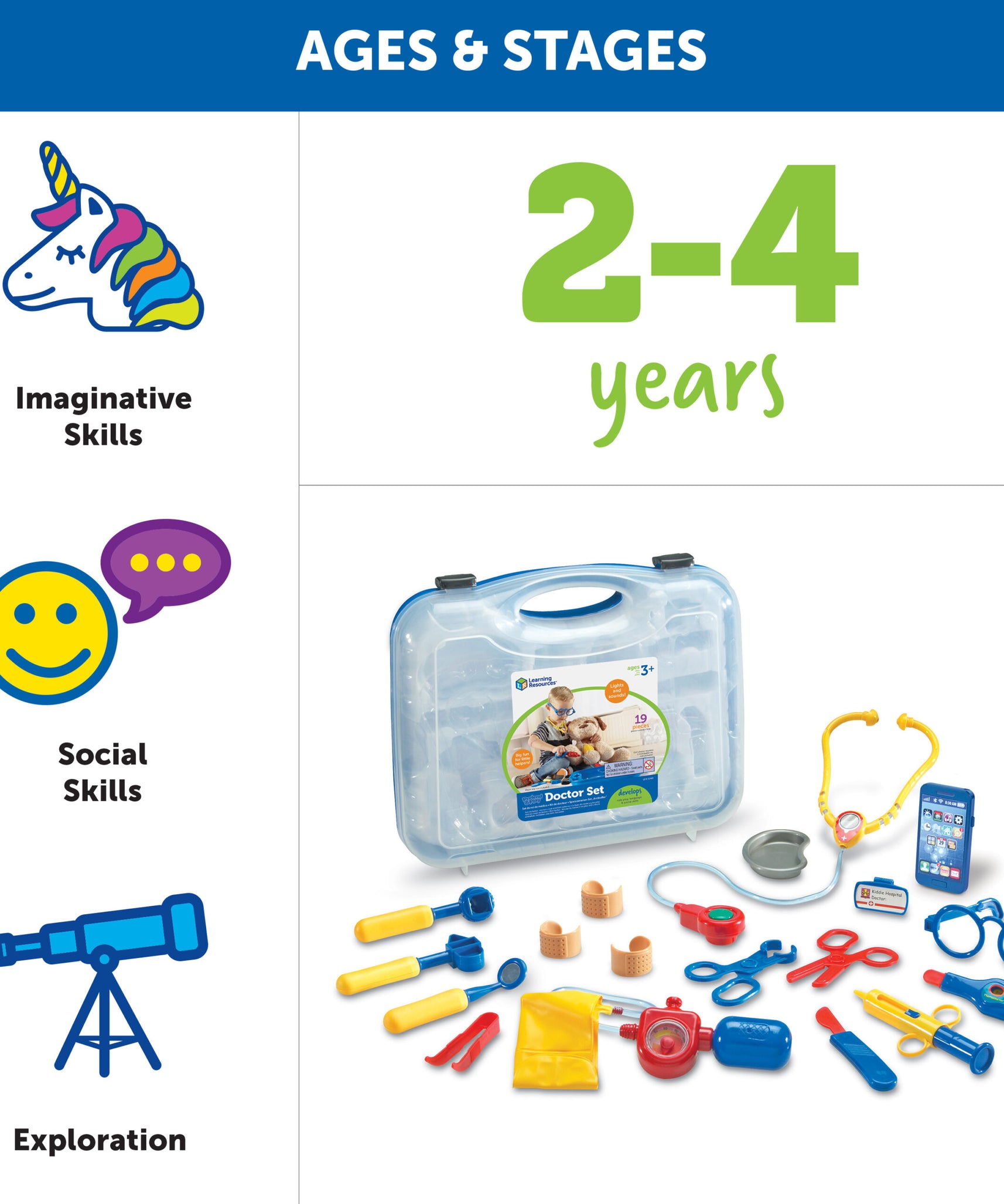 مجموعة أدوات الطبيب التظاهري من Learning Resources، مجموعة أدوات طبية للأطفال مكونة من 19 قطعة مع سماعة طبية وأصوات جهاز استدعاء، لعبة لعب الأدوار للعب الخيالي وتنمية اللغة، للأعمار من 3 سنوات فما فوق
