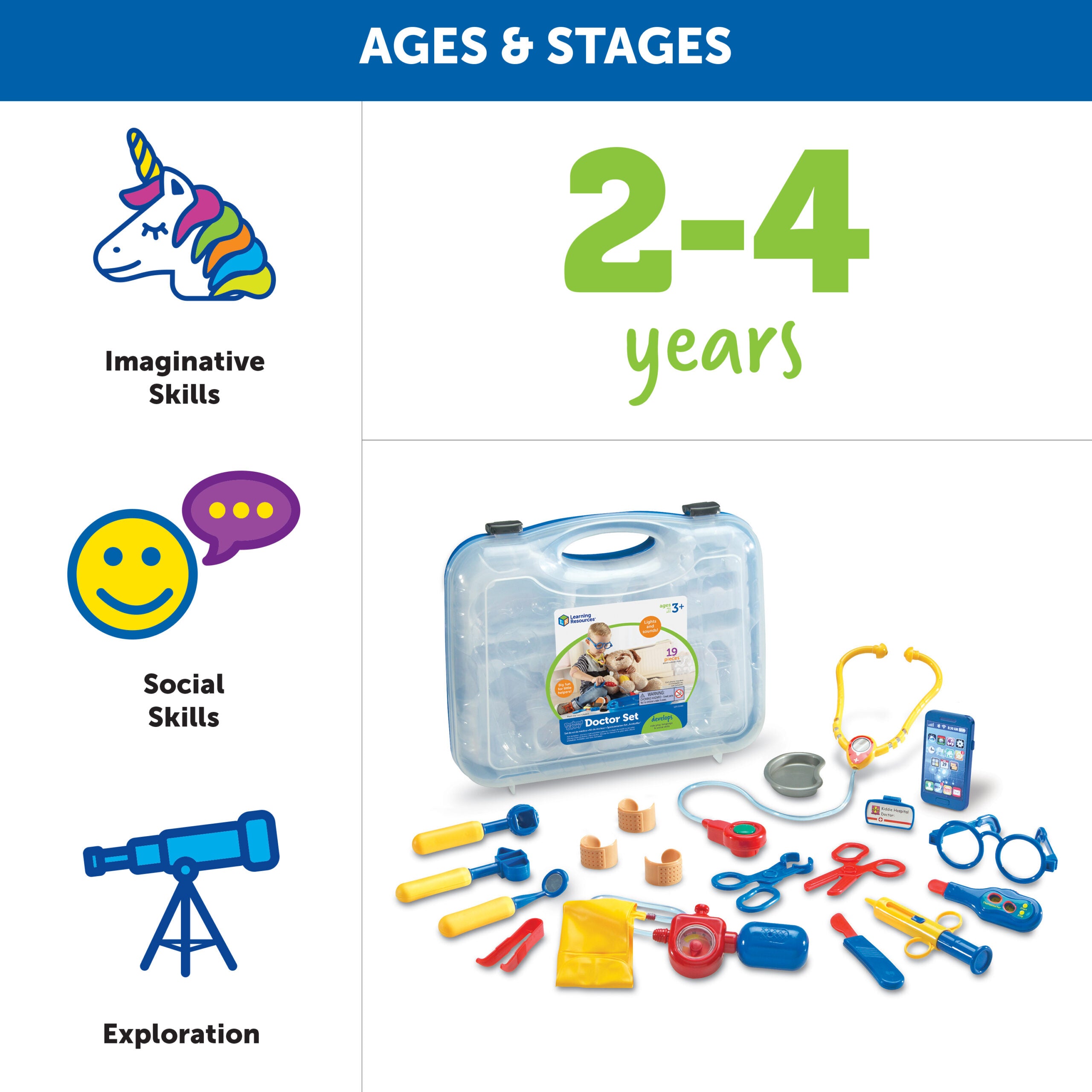 مجموعة أدوات الطبيب التظاهري من Learning Resources، مجموعة أدوات طبية للأطفال مكونة من 19 قطعة مع سماعة طبية وأصوات جهاز استدعاء، لعبة لعب الأدوار للعب الخيالي وتنمية اللغة، للأعمار من 3 سنوات فما فوق