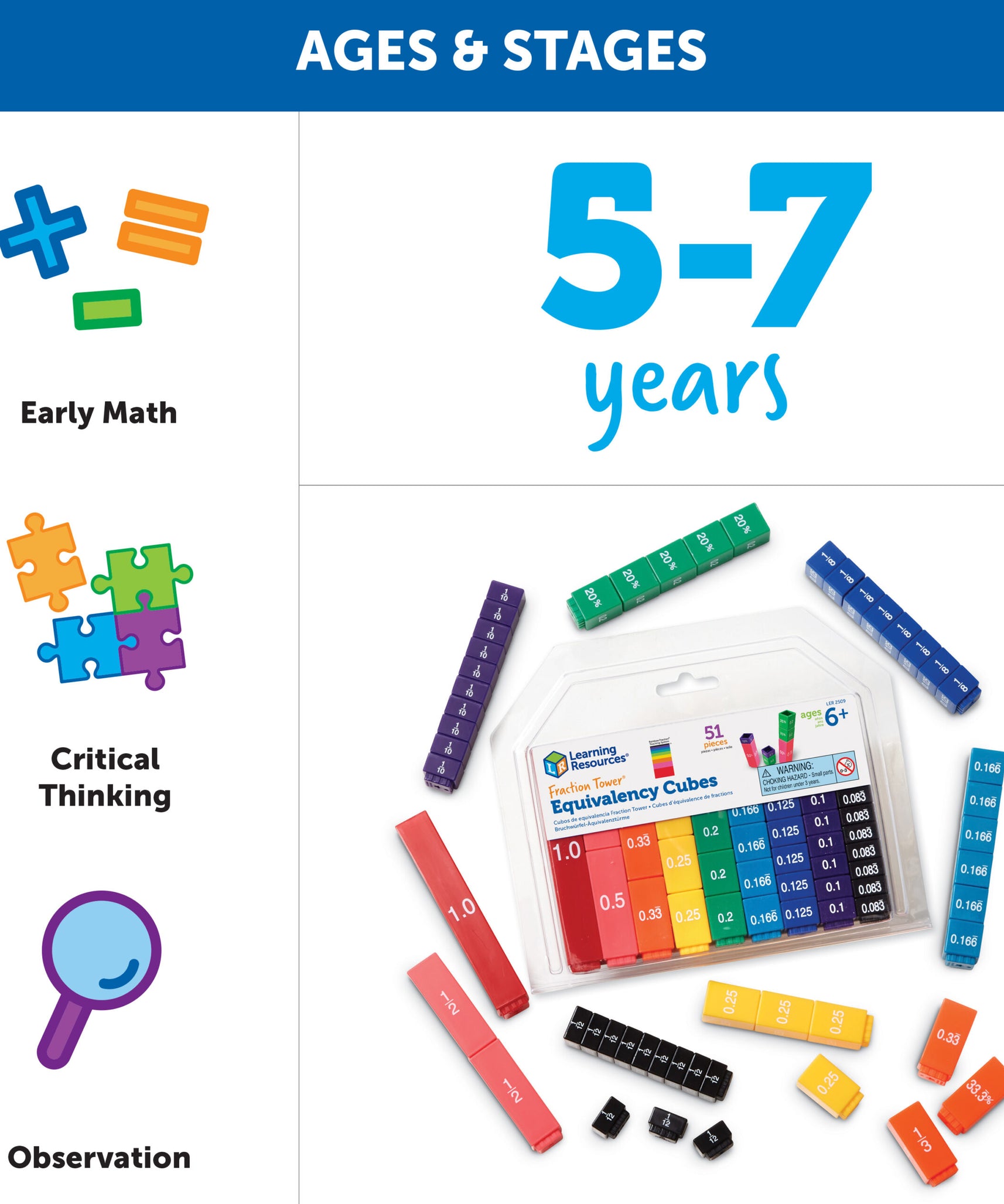 مكعبات تكافؤ برج الكسور من موارد التعلم، مجموعة تعليمية رياضية مُرمَّزة بالألوان، 51 قطعة متشابكة لتصور الكسور والمكافئات