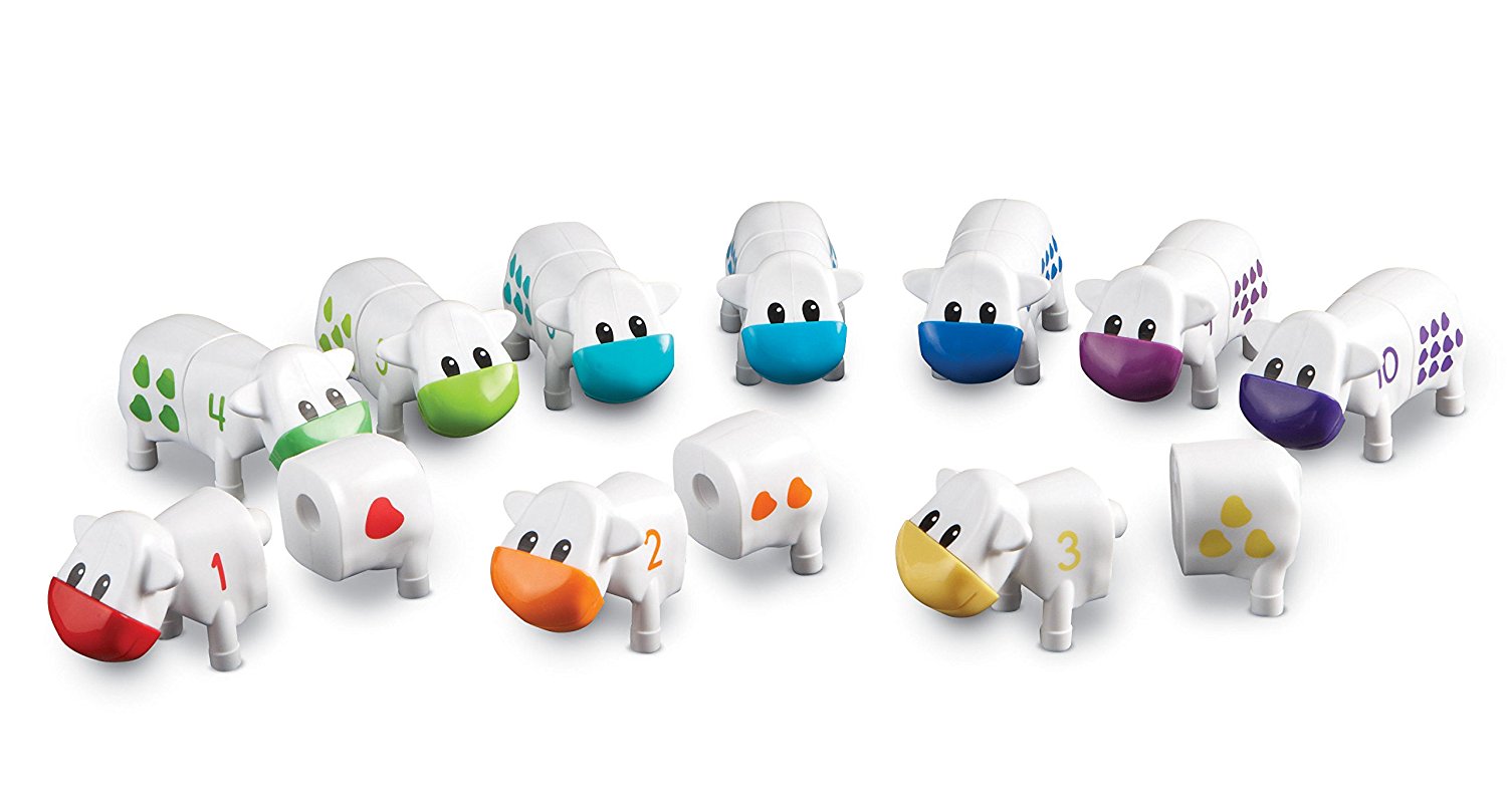 موارد التعلم Snap-n-Learn، لعبة عد الأبقار، لعبة رياضيات مبكرة للأطفال الصغار مع مطابقة الأرقام والأشكال، 10 أبقار ملونة من قطعتين مع حوض تخزين، للأعمار من سنتين فما فوق