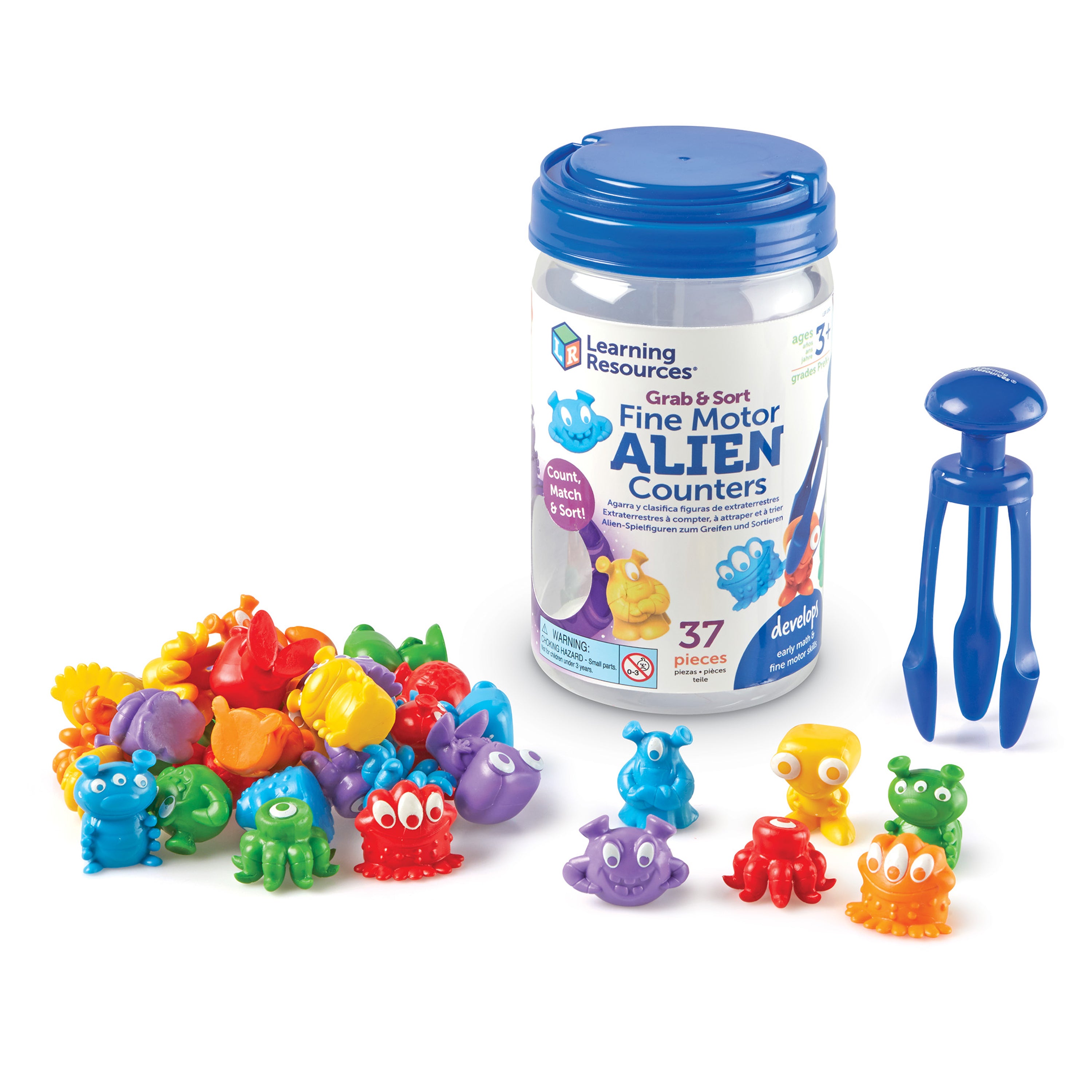 موارد التعلم لعبة Grab & Sort Fine Motor Alien Counters، 37 قطعة من ألعاب الرياضيات المبكرة والمهارات الحركية الدقيقة، تتضمن ملقط ثلاثي القبضة للعد والفرز والمطابقة، للأطفال في سن ما قبل المدرسة من سن 3 سنوات فما فوق