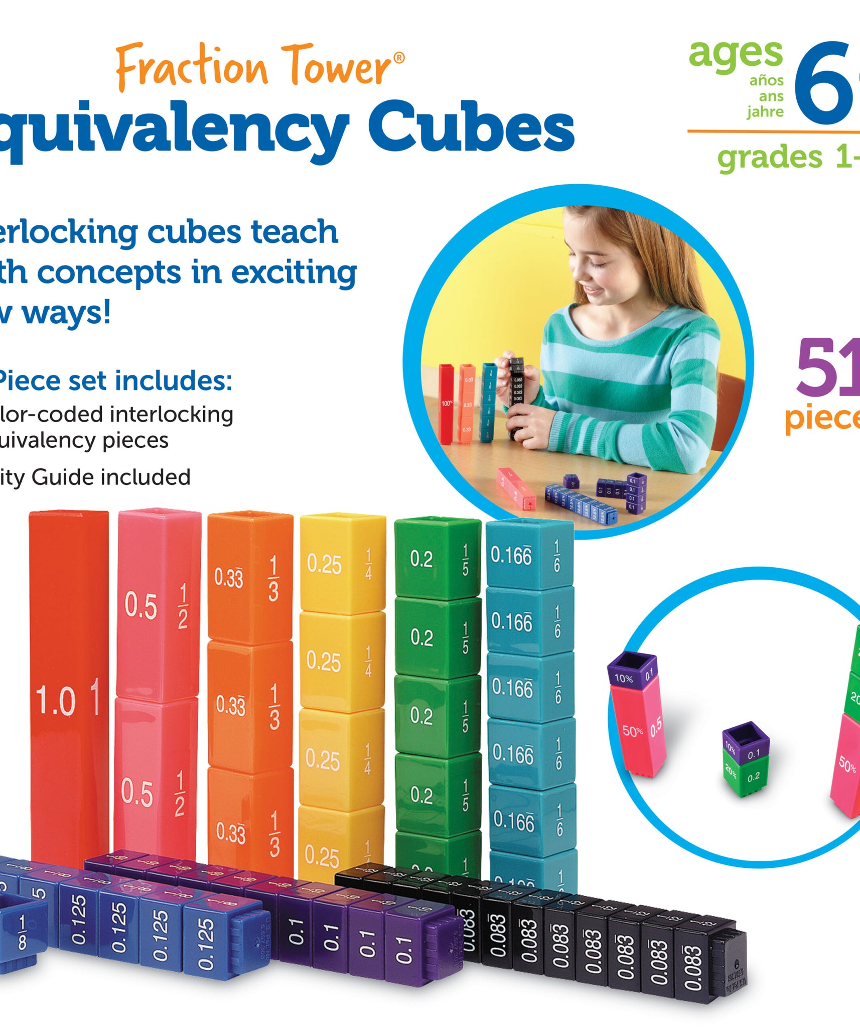 مكعبات تكافؤ برج الكسور من موارد التعلم، مجموعة تعليمية رياضية مُرمَّزة بالألوان، 51 قطعة متشابكة لتصور الكسور والمكافئات
