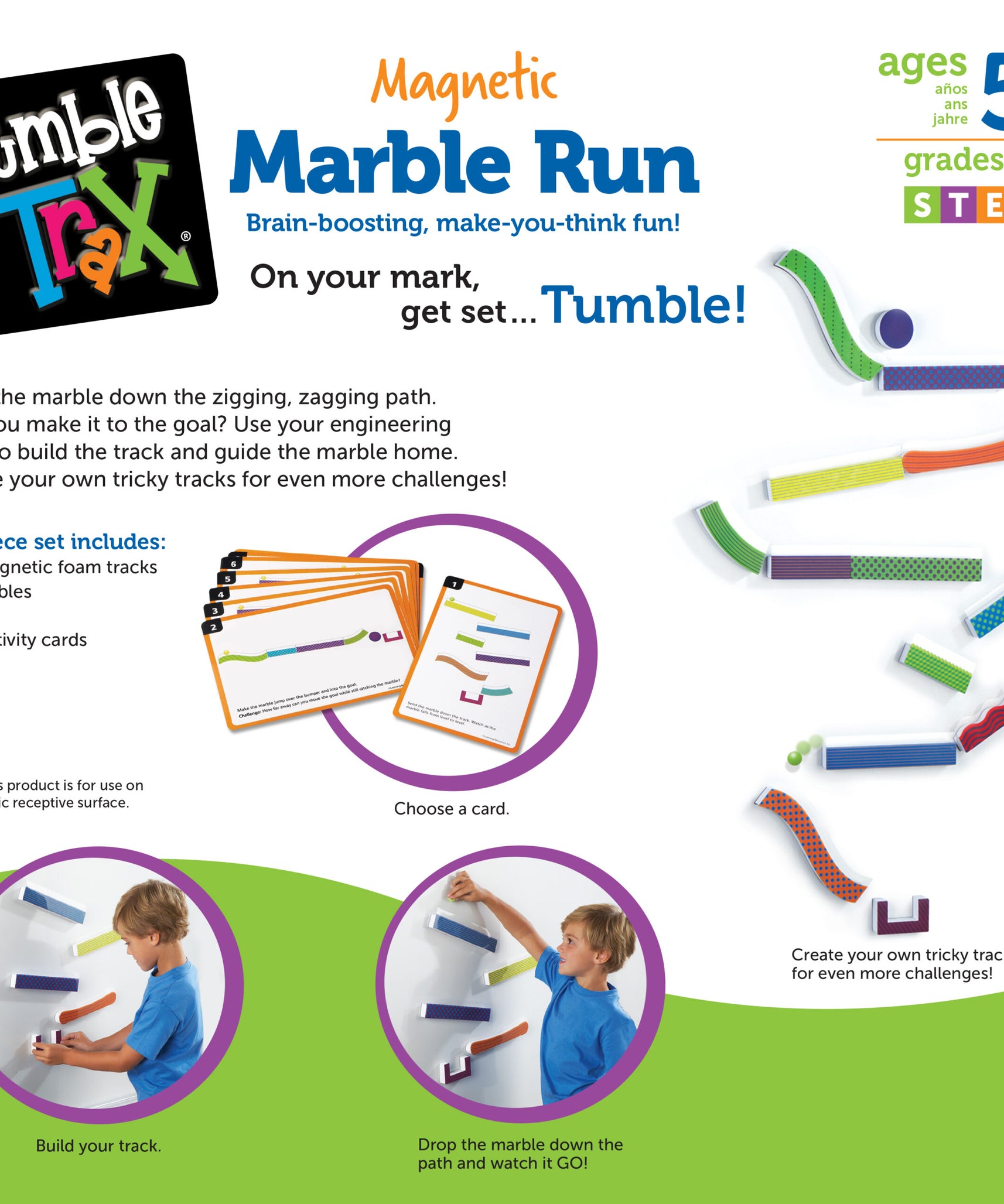Learning Resources Tumble Trax Magnetic Marble Run, Encourages Engineering & Critical Thinking, Endless Design Combinations, Includes 14 Magnetic Pieces, 10 Activity Cards, 4 Marbles, Ages 5+
