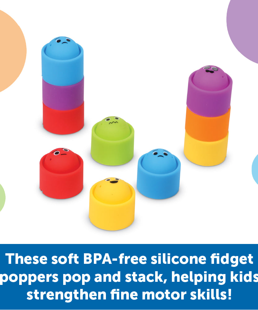 مجموعة أدوات فيدجيت بوبرز من مجموعة Rainbow Emotions من Learning Resources، مكونة من 24 أداة حسية قابلة للتكديس مع وجوه تعبيرية، تتضمن وعاء تخزين، مناسبة للأعمار من 3 سنوات فما فوق