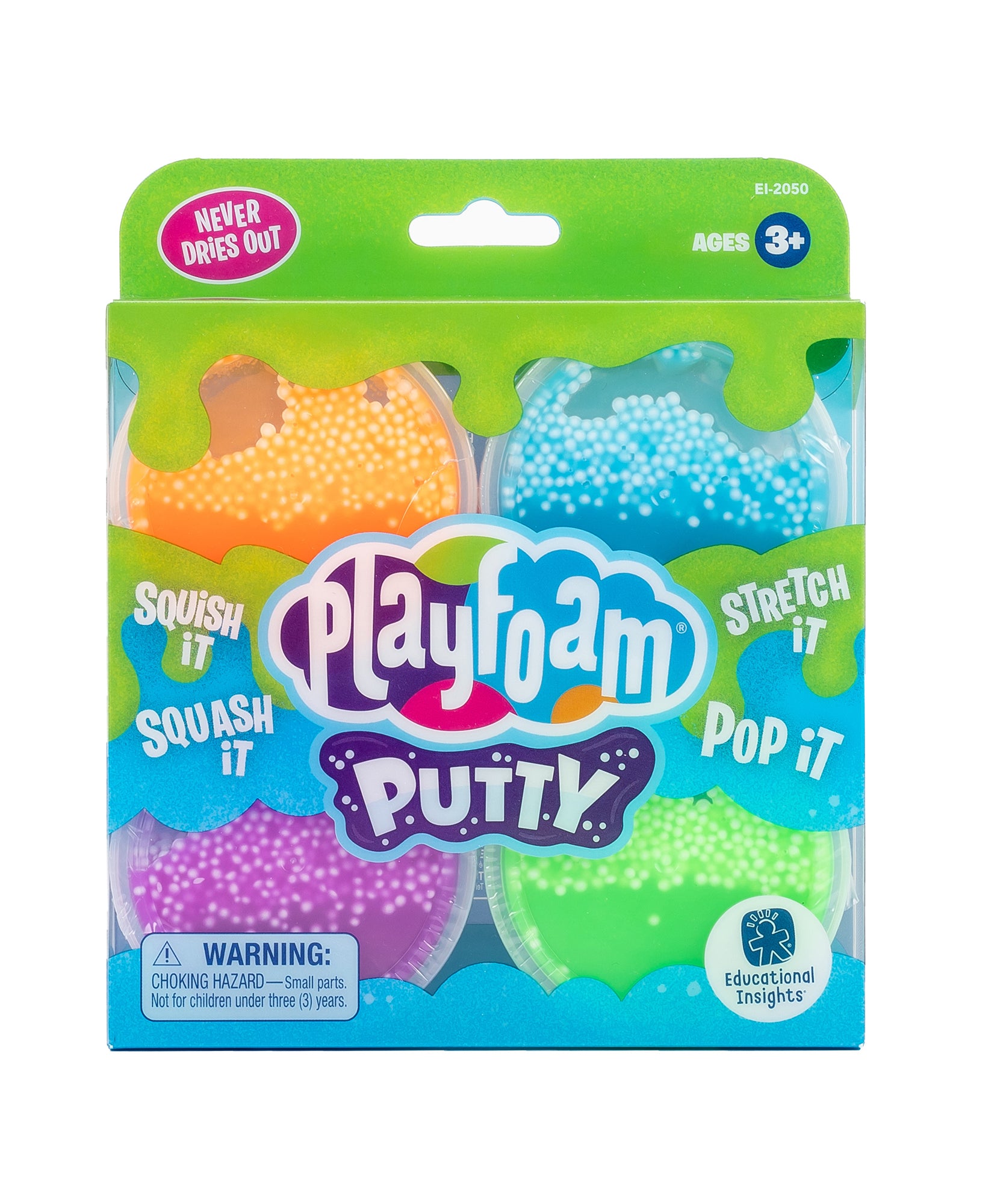 مجموعة معجون بلاي فوم من ليرنينج ريسورسز، مكونة من 4 قطع، قابلة للتمدد، ومصنوعة من مادة حسية للضغط والنحت، ولا تجف أبدًا، وتتضمن 4 ألوان نيون