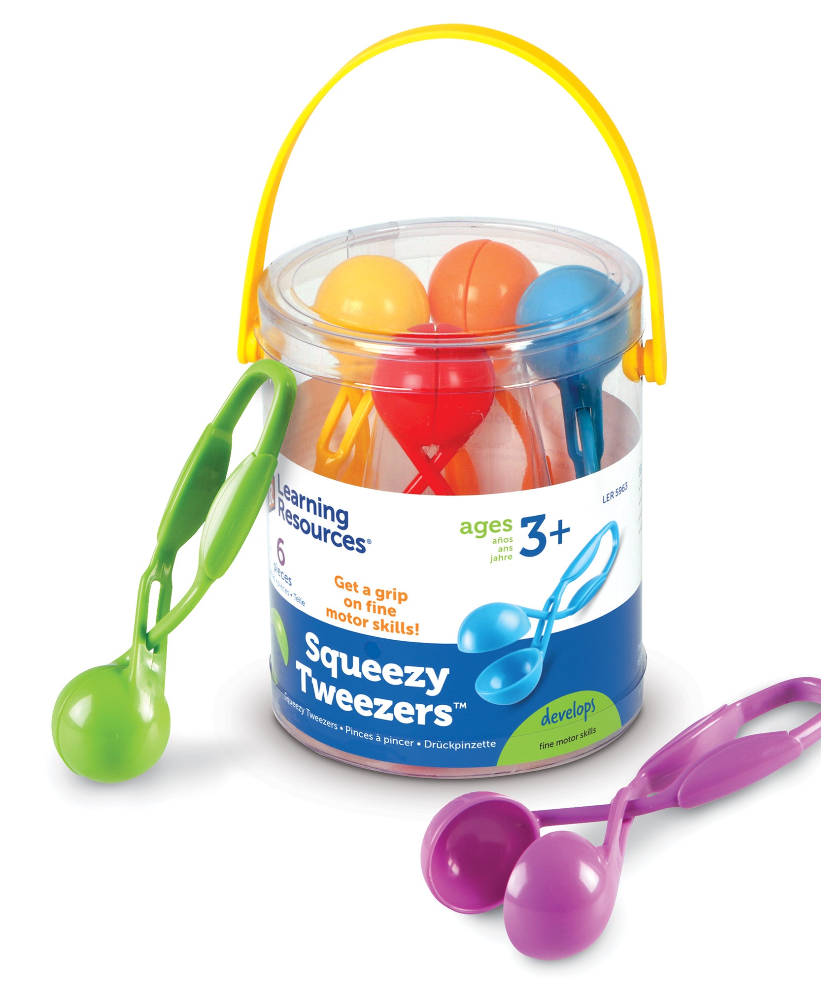 Learning Resources Squeezy Tweezers, Set of 6, Fine Motor Skills Tool for Kids, Strengthens Hand Muscles, Ideal for Sensory Play, Includes Storage Bucket, Ages 3+