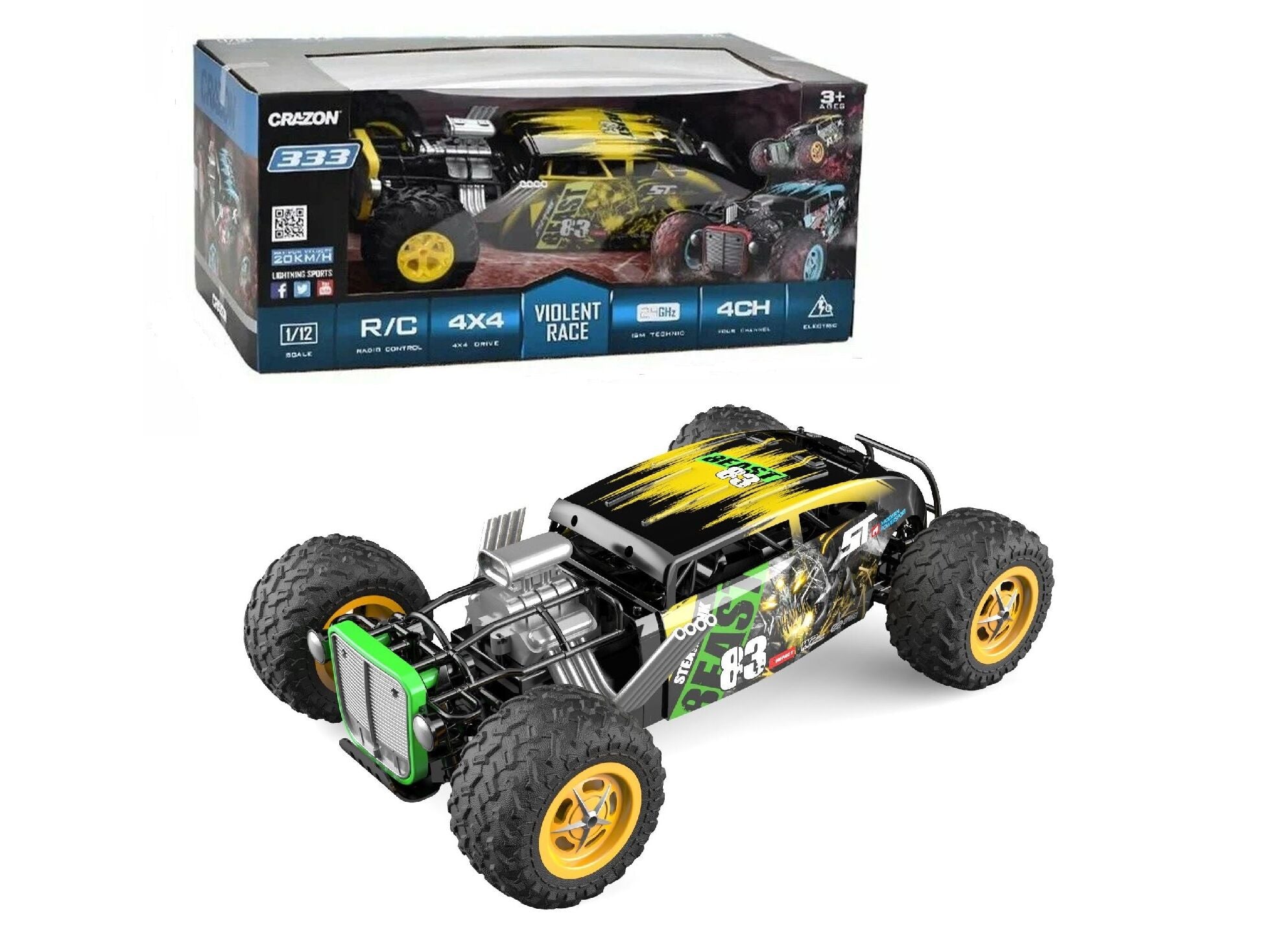 Crazon Beast 83 Off-Road RC Car 1:10 Scale, 2.4GHz Remote Control, 360° Stunt Rotation, USB Rechargeable, 8+