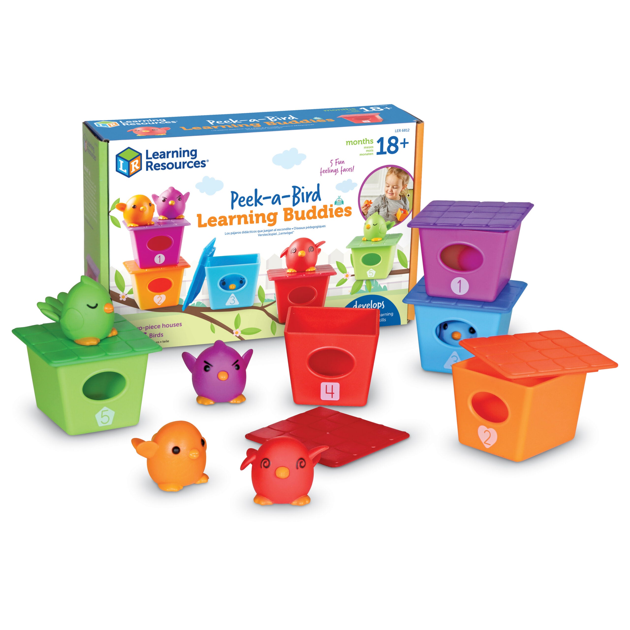 موارد التعلم Peek-a-Bird Learning Buddies، لعبة تعليمية للأطفال الصغار تحتوي على 5 دمى أصابع للطيور وبيوت طيور مرقمة، تُعلّم الألوان والعد والعواطف والمهارات الحركية الدقيقة، للأعمار من 18 شهرًا فما فوق