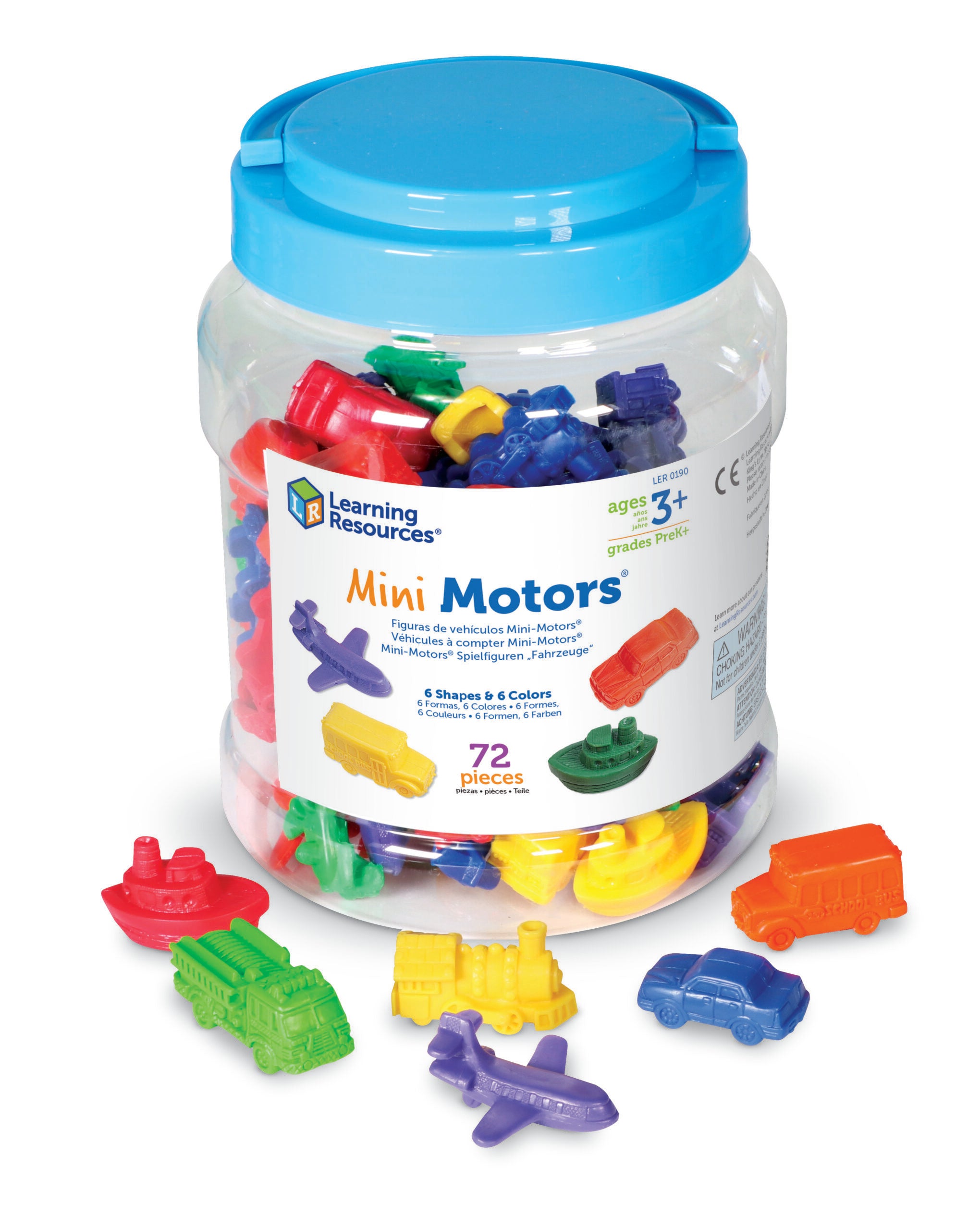Learning Resources Mini Motors Counters, 72-Piece Set of Vehicle Counters for Counting, Sorting, and Imaginative Play, Includes Storage Tub, Ages 3 Plus