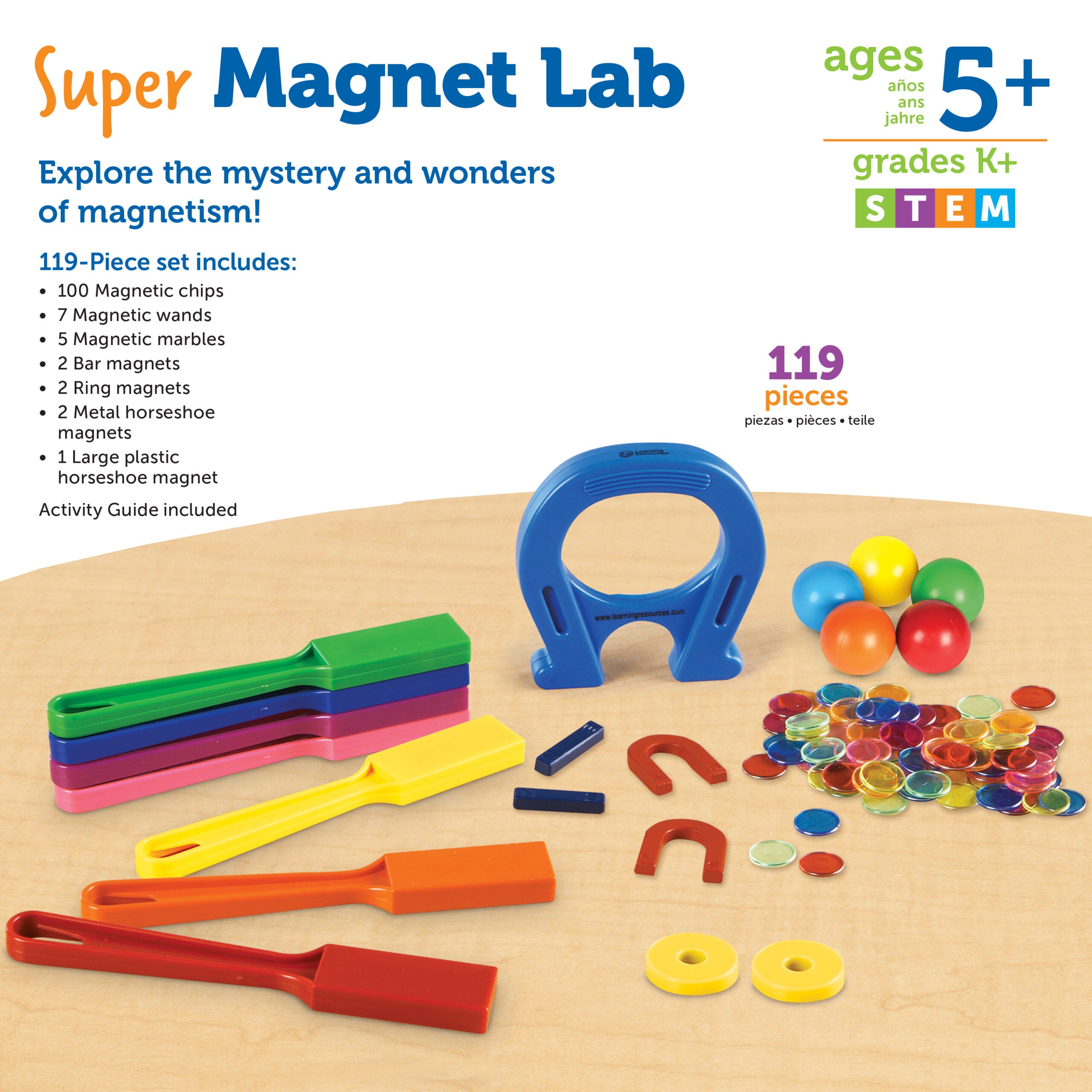 مجموعة مختبر الفصل الدراسي Super Magnet من Learning Resources، مجموعة مكونة من 224 قطعة لاستكشاف الخصائص المغناطيسية، تتضمن رقائق مغناطيسية، وكرات زجاجية، ومغناطيسات، وعصيًا، ودليل أنشطة، للأعمار من 5 سنوات فما فوق