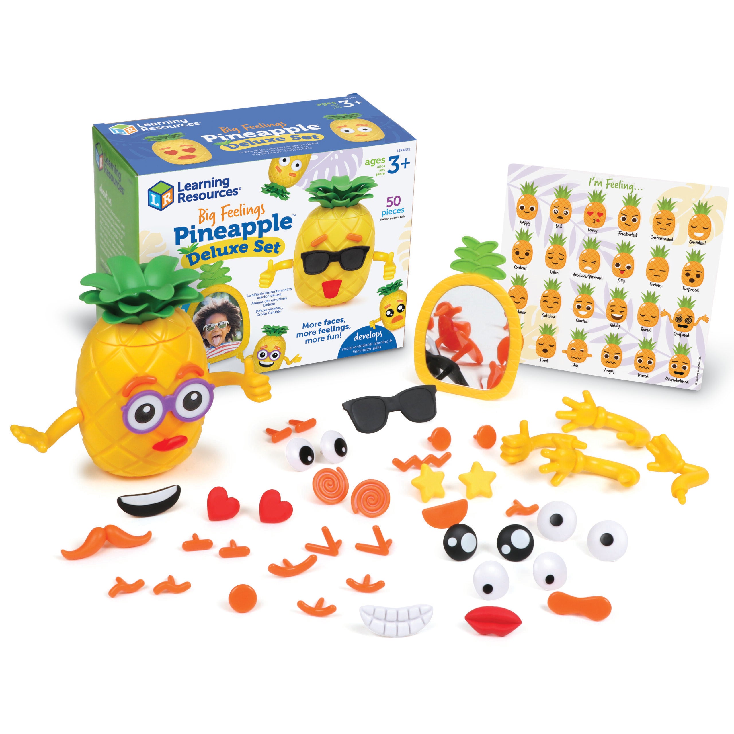 مجموعة Big Feelings Pineapple Deluxe من Learning Resources، لعبة تعليمية اجتماعية وعاطفية للأطفال، مجموعة أنشطة SEL مكونة من 50 قطعة مع أناناس مزدوج الوجهين وقطع للوجه ومرآة، للأعمار من 3 سنوات فما فوق
