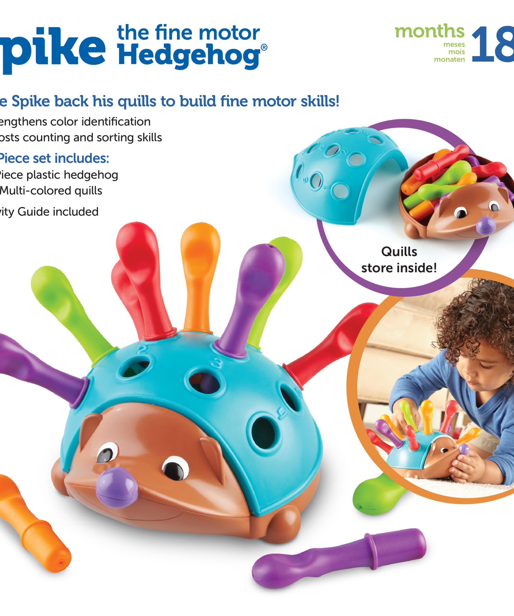 Learning Resources Spike The Fine Motor Hedgehog, Toddler Counting & Colour Matching Toy, Develops Fine Motor Skills, Includes 12 Pegs & Activity Guide, Ages 18+ Months