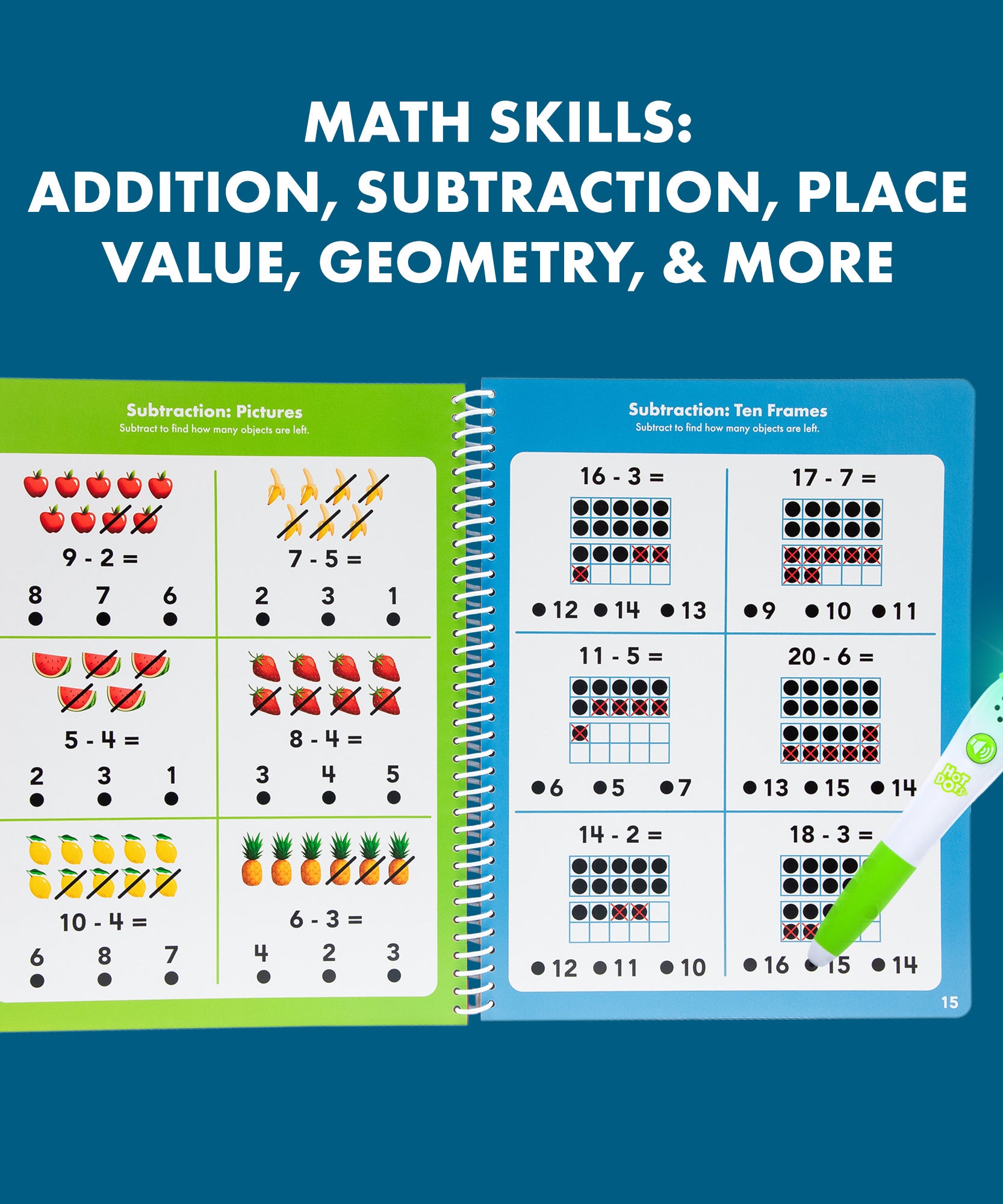 مصادر التعلم - النقاط الساخنة - دعونا نتعلم الرياضيات - الصف الأول، كتاب تمارين تفاعلي يحتوي على 50 صفحة أنشطة وقلم ناطق، مناسب للأعمار من 6 سنوات فما فوق