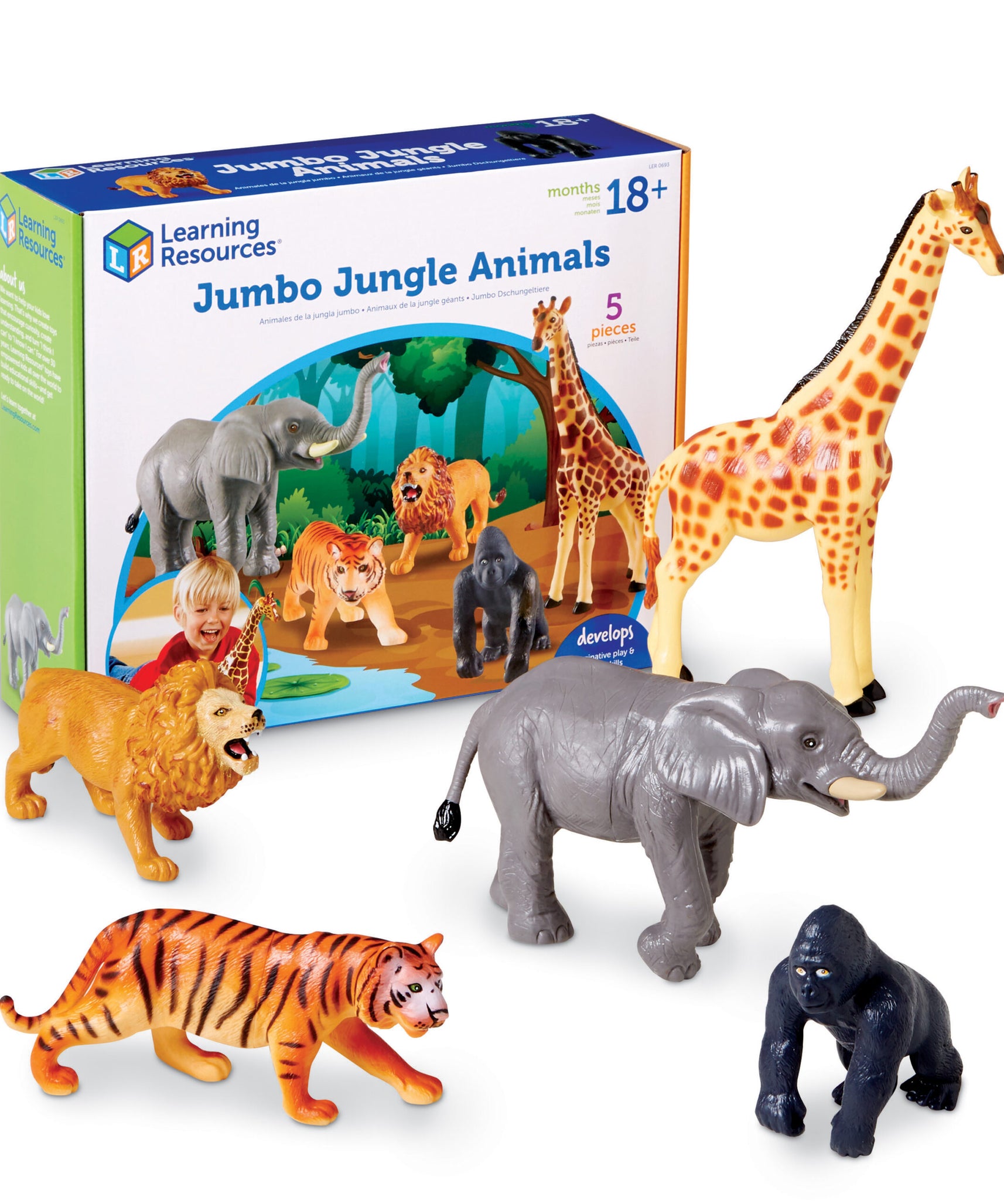 Learning Resources Jumbo Jungle Animals Toy Set, 5-Piece Realistic Wild Animal Figures for Kids Imaginative Play and Early Learning