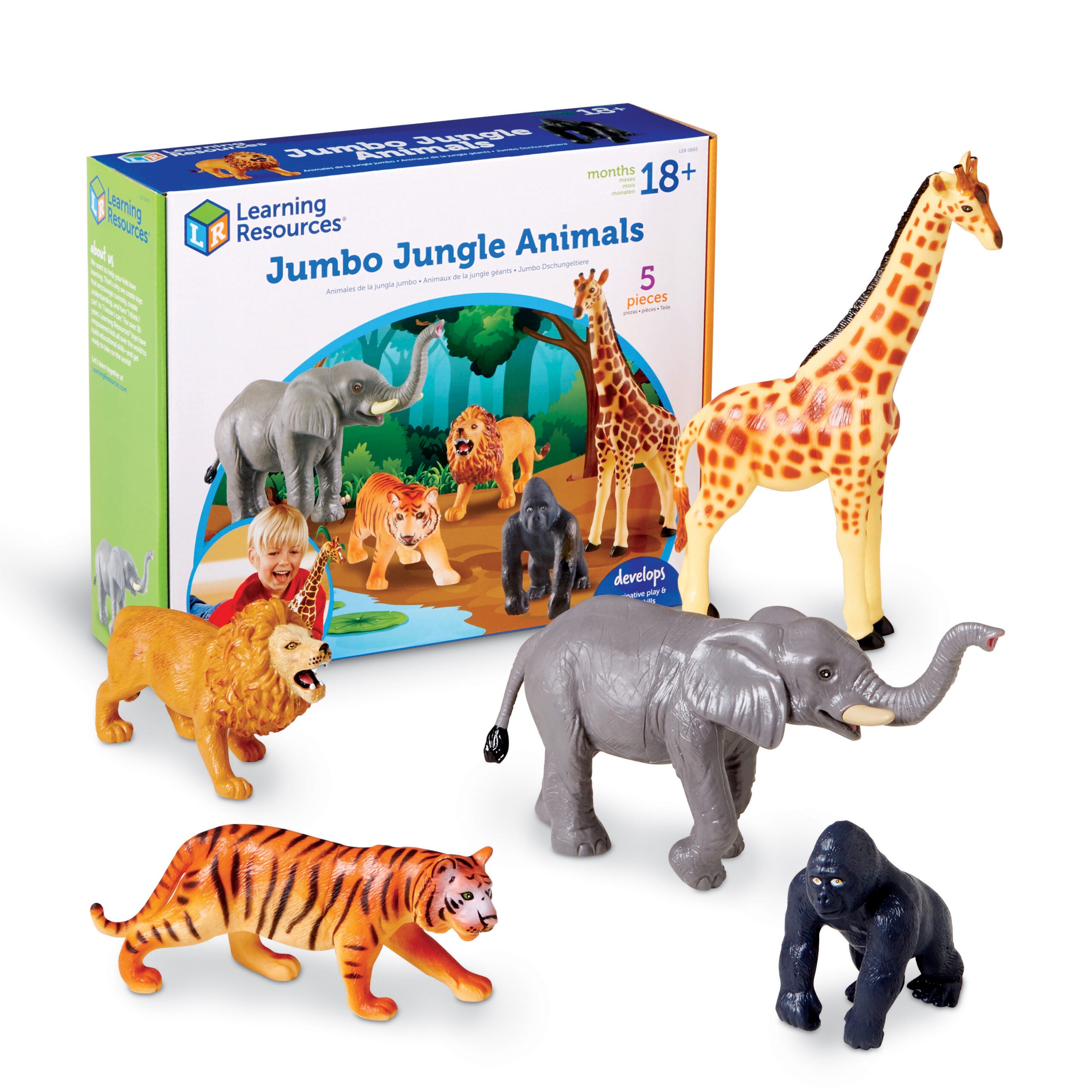Learning Resources Jumbo Jungle Animals Toy Set, 5-Piece Realistic Wild Animal Figures for Kids Imaginative Play and Early Learning