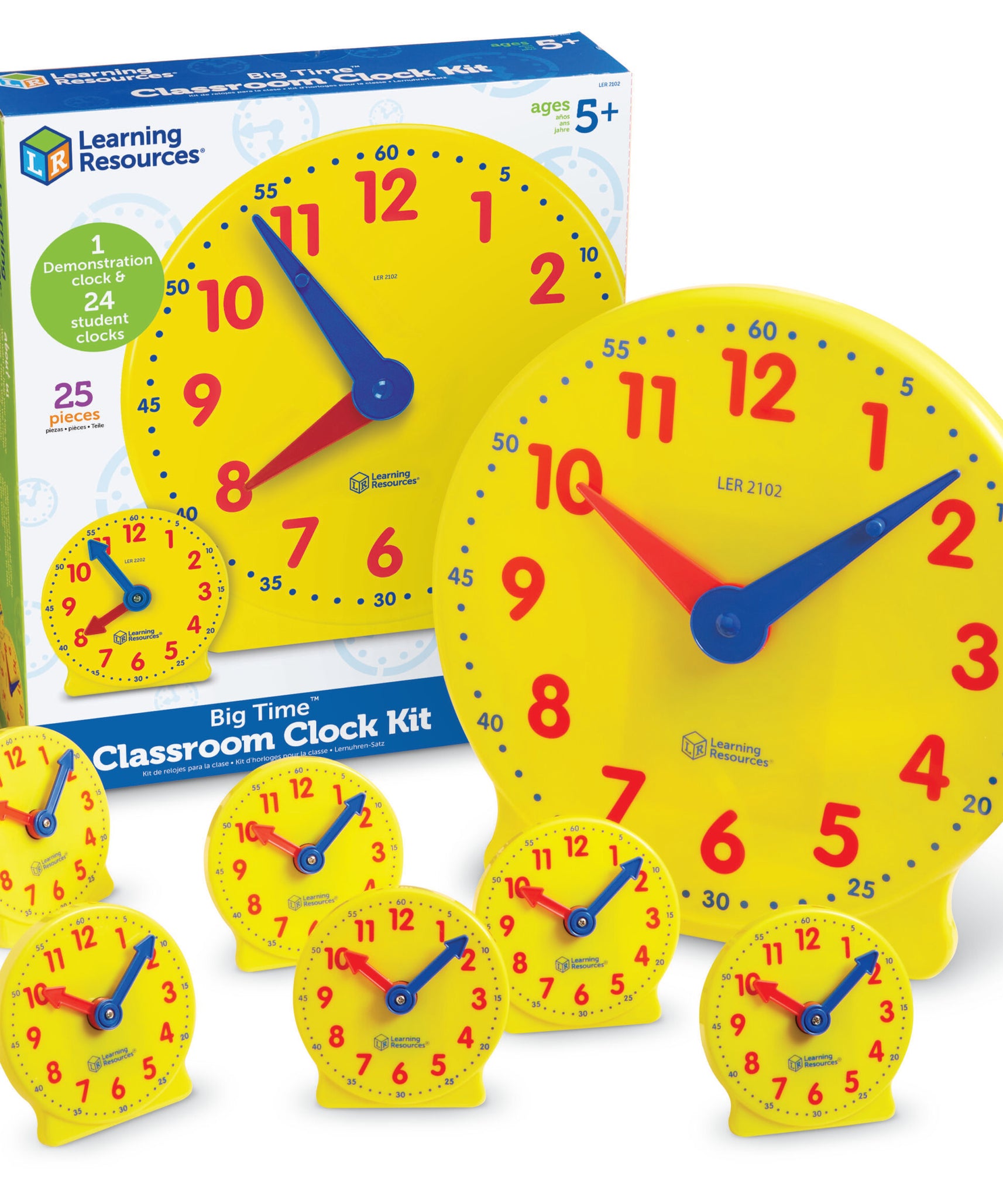 مجموعة ساعات الفصول الدراسية الكبيرة من Learning Resources، 24 ساعة صغيرة مُجهزة وساعة توضيحية للتدريب على معرفة الوقت