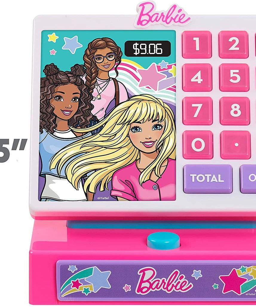 ماكينة تسجيل المدفوعات النقدية العصرية من باربي مع أصوات، وقارئ نقود وبطاقات ائتمان، ولعبة متجر لعب الأدوار للبنات، للأطفال من سن 3 سنوات فما فوق، وماكينات تسجيل المدفوعات النقدية