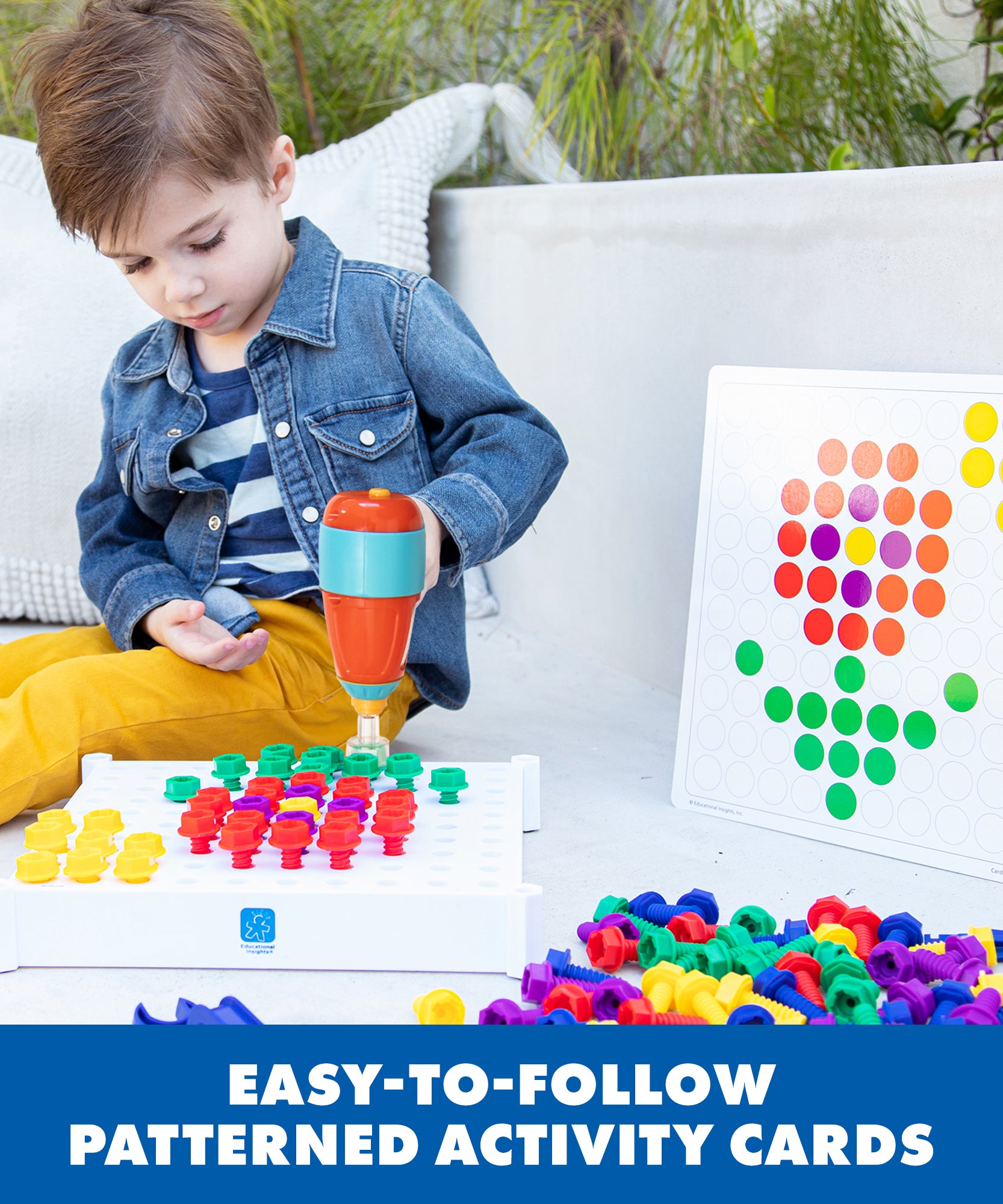 مركز أنشطة التصميم والتدريب من Learning Resources، لعبة بناء STEM مع مثقاب كهربائي ومسامير وبطاقات تصميم، للأعمار من 3 سنوات فما فوق