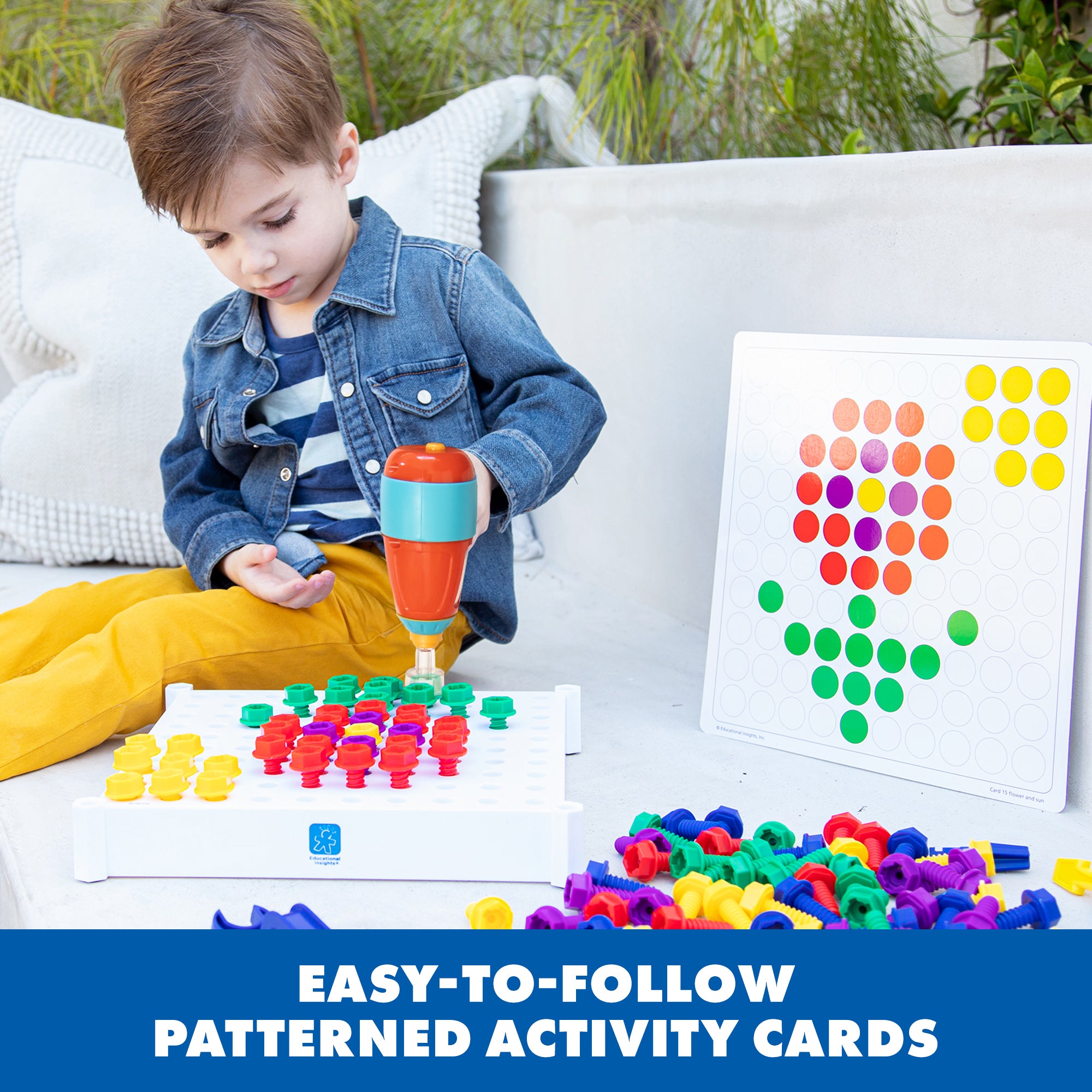 مركز أنشطة التصميم والتدريب من Learning Resources، لعبة بناء STEM مع مثقاب كهربائي ومسامير وبطاقات تصميم، للأعمار من 3 سنوات فما فوق