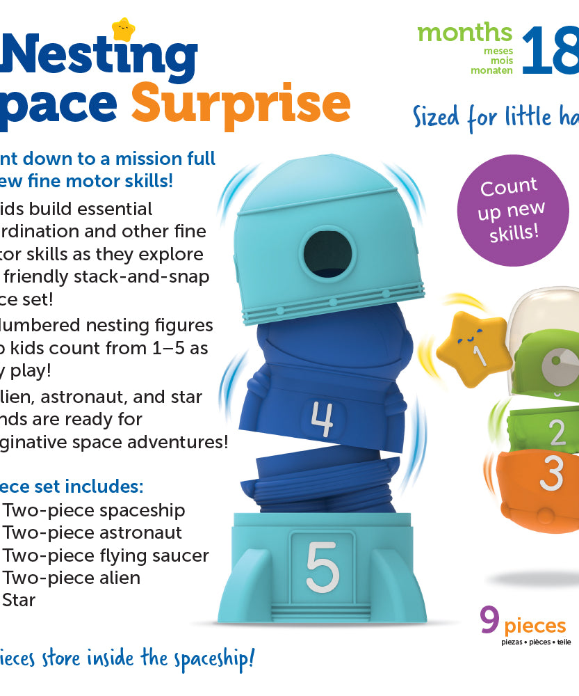 مجموعة ألعاب Nesting Space Surprise من Learning Resources، وهي مجموعة ألعاب Nesting مرقمة مع صاروخ ورائد فضاء والمزيد، وهي لعبة لتطوير المهارات الحركية الدقيقة والعد للأطفال الصغار من سن 18 شهرًا فما فوق