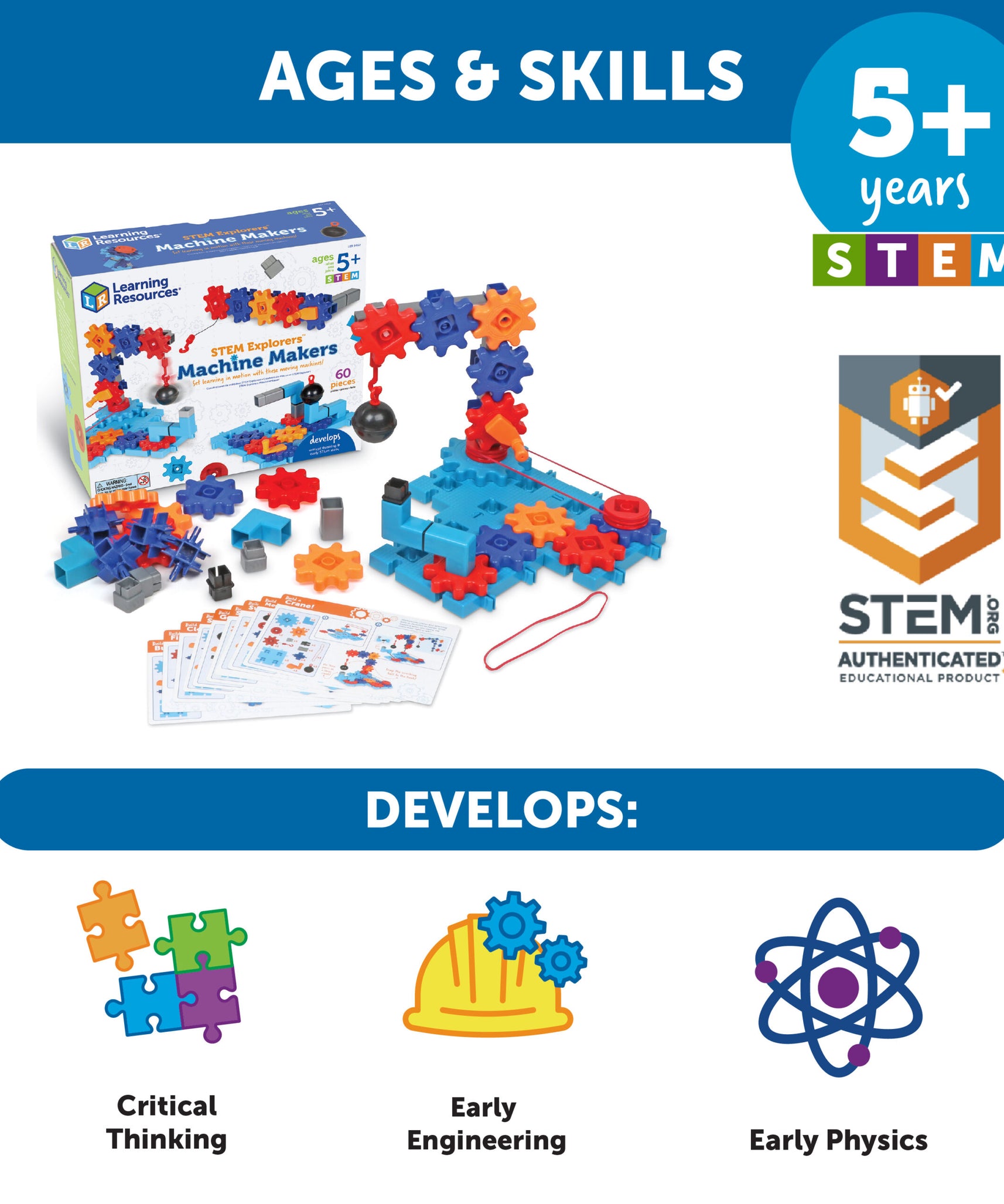 مجموعة بناء STEM Explorers Machine Makers من Learning Resources، مكونة من 50 قطعة للأطفال، ألعاب هندسية، اصنع آلاتك الخاصة، للأعمار من 5 سنوات فما فوق، تتضمن بطاقات أنشطة