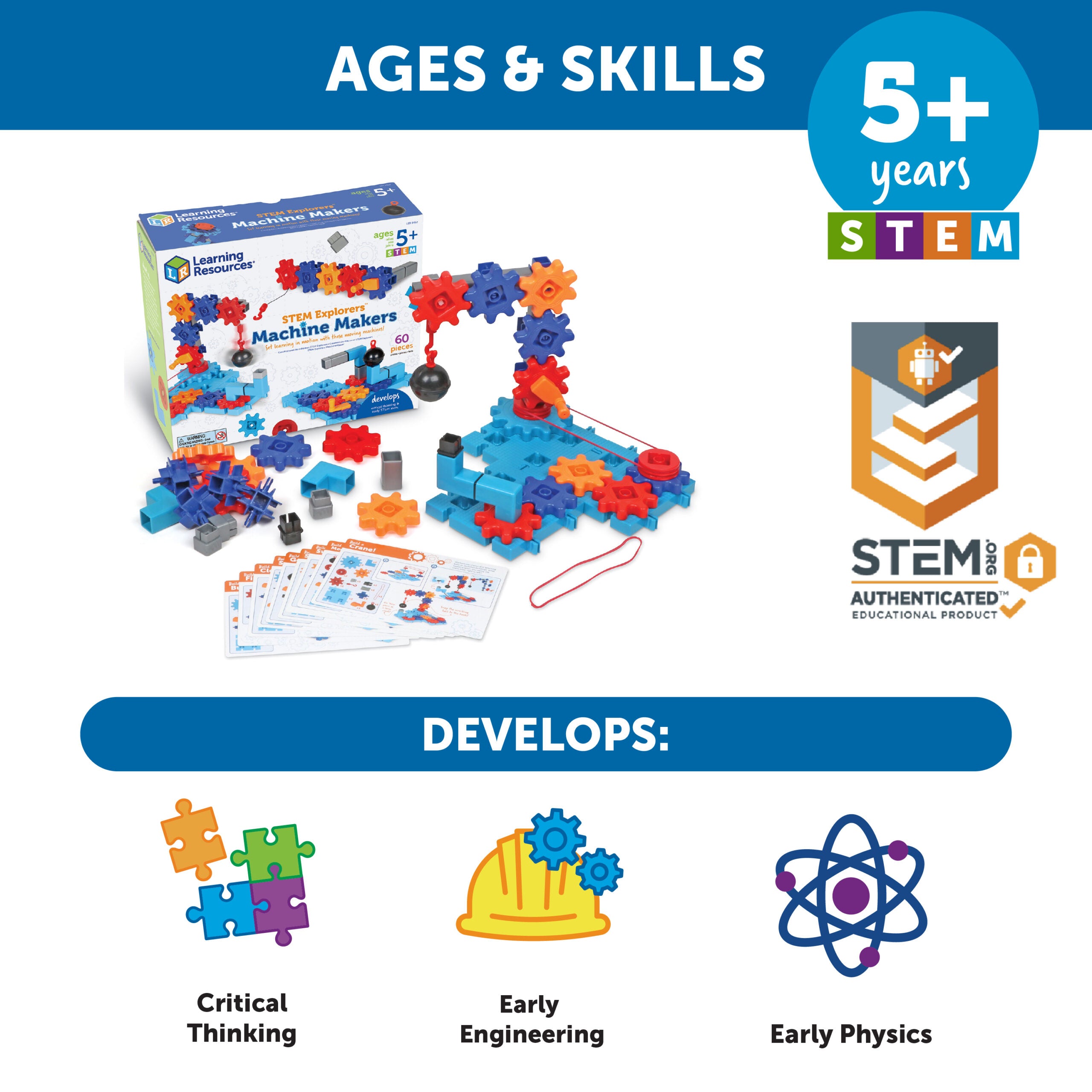 مجموعة بناء STEM Explorers Machine Makers من Learning Resources، مكونة من 50 قطعة للأطفال، ألعاب هندسية، اصنع آلاتك الخاصة، للأعمار من 5 سنوات فما فوق، تتضمن بطاقات أنشطة