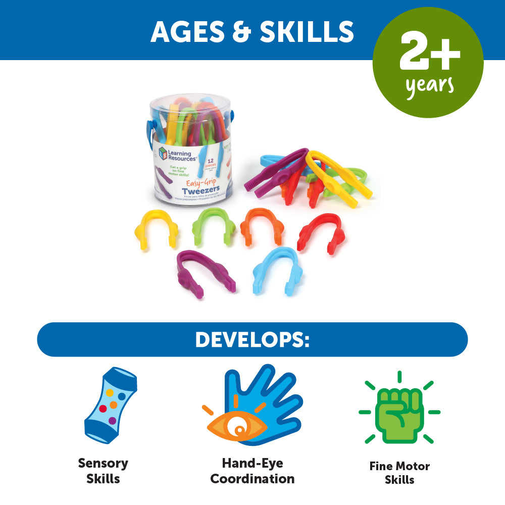Learning Resources Easy-Grip Tweezers for Kids, Fine Motor Skill Development Tools for Preschool and Sensory Play, Set of 12 with Storage Tub, Ages 2 Plus