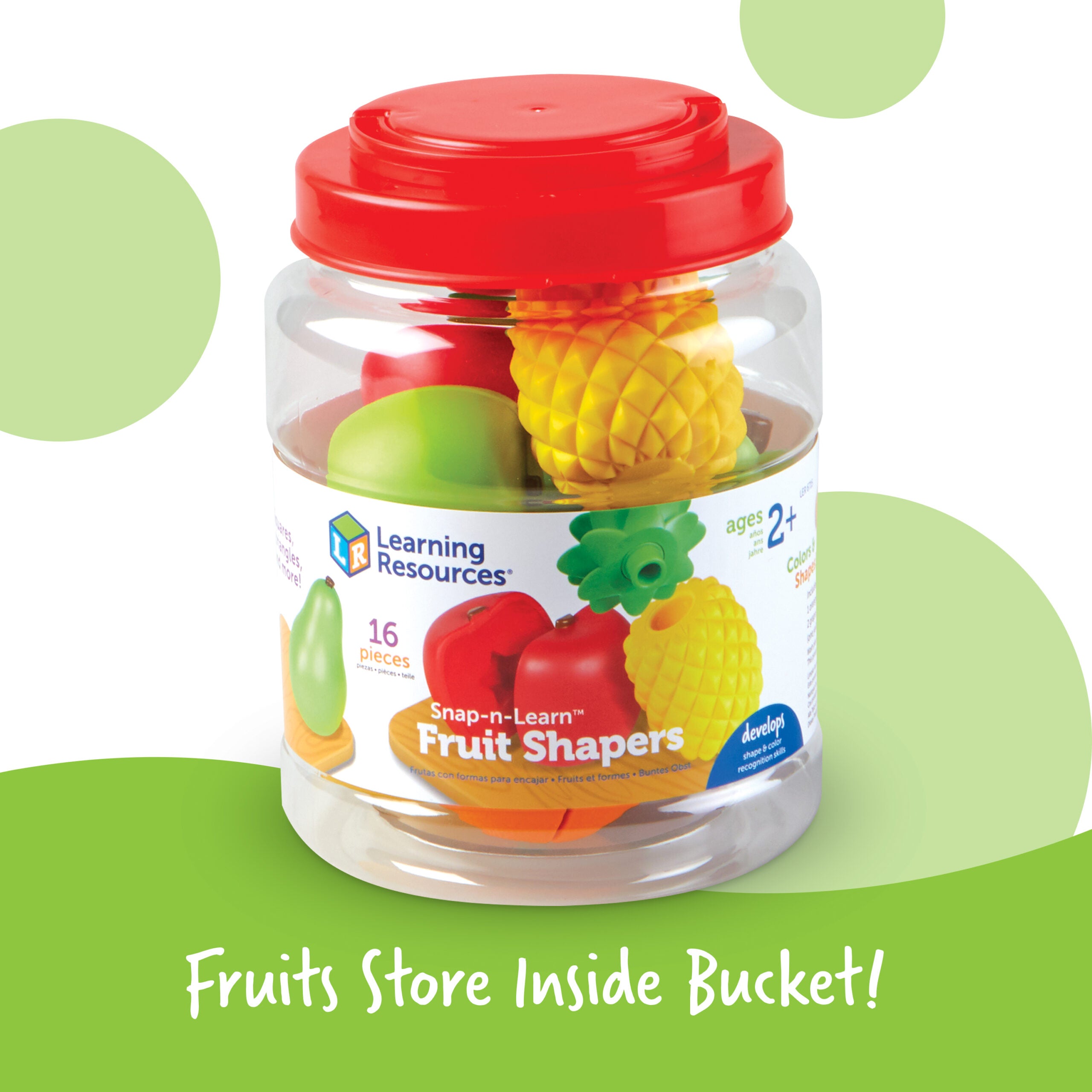 Learning Resources Snap-n-Learn Fruit Shapers, Colourful Pop-Apart Shape Matching Toy, Develops Fine Motor & Early Learning Skills, Includes 8 Two-Piece Fruits & Storage Bucket, Ages 2+