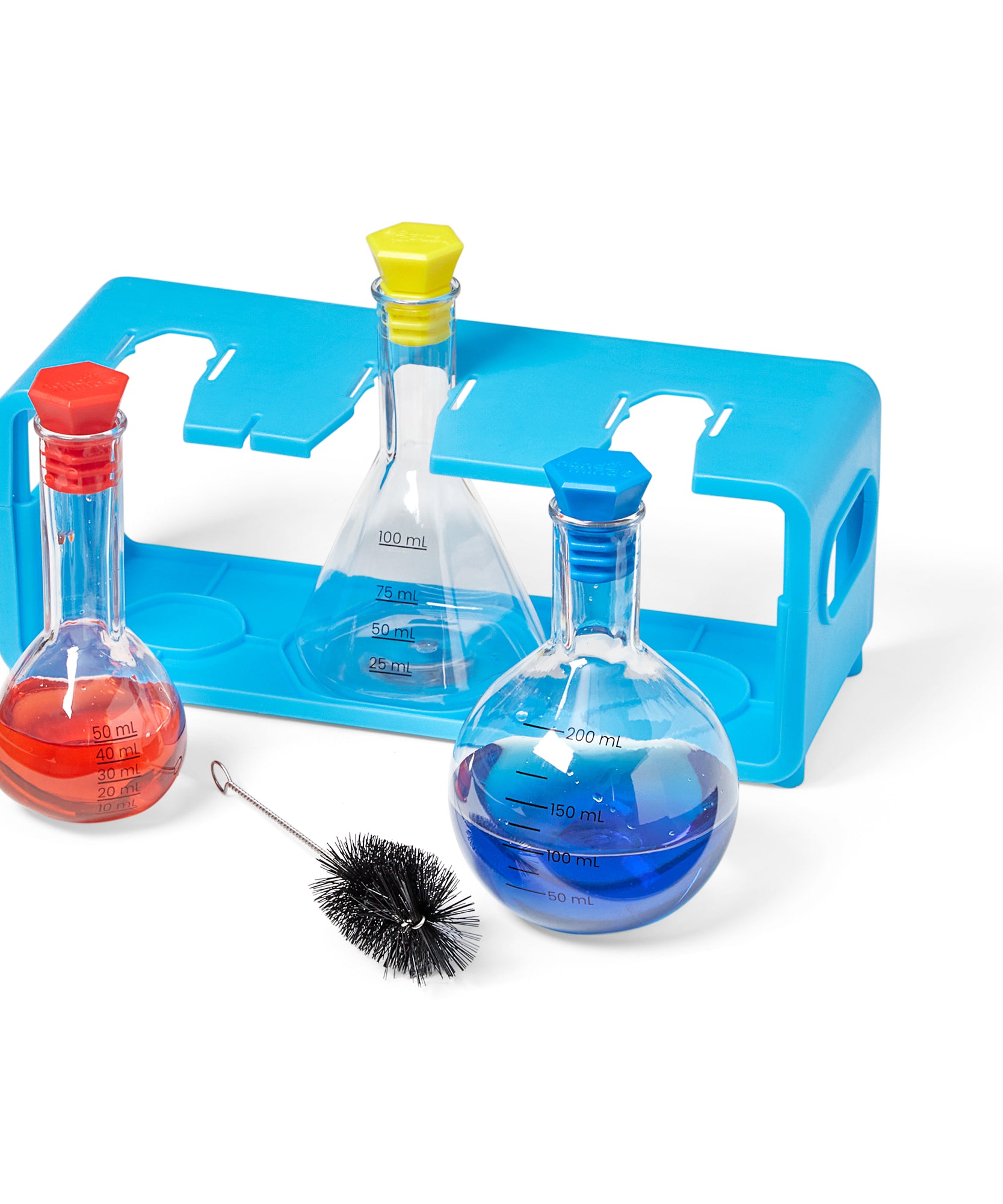 مجموعة قوارير قياس العلوم للمبتدئين من Learning Resources، معدات مختبر آمنة للأطفال مع 3 قوارير وسدادات وحامل وفرشاة تنظيف، مناسبة للأعمار من 3 سنوات فما فوق