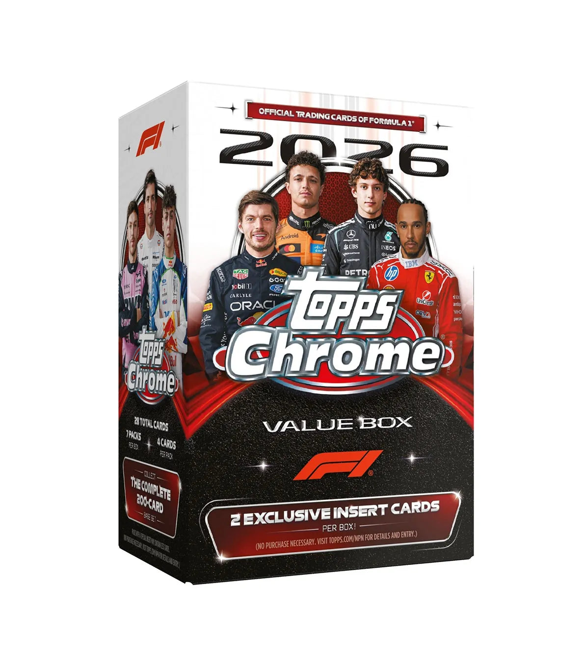2026 Topps Chrome Formula 1 Value Box, 7 Packs, 28 Trading Cards, B&W RayWave Refractors, Exclusive Inserts and Numbered Parallels