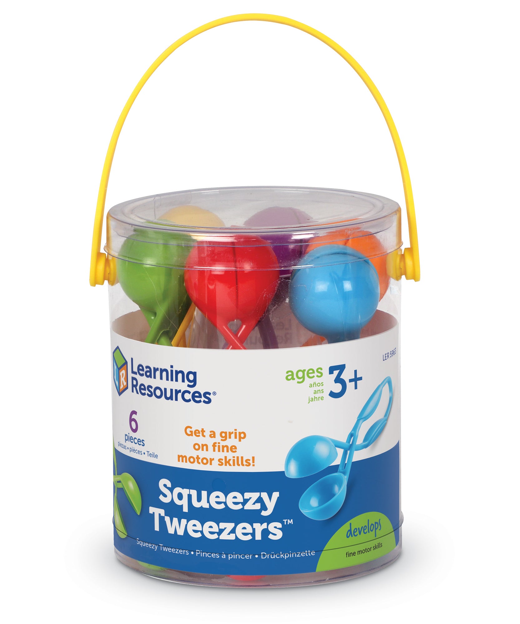 Learning Resources Squeezy Tweezers, Set of 6, Fine Motor Skills Tool for Kids, Strengthens Hand Muscles, Ideal for Sensory Play, Includes Storage Bucket, Ages 3+