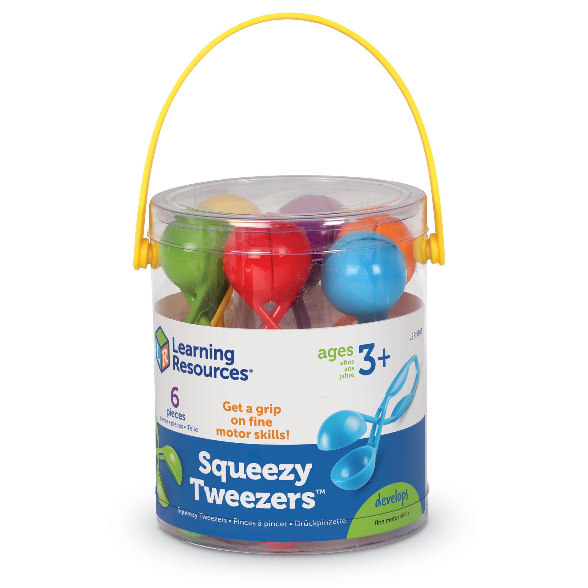 Learning Resources Squeezy Tweezers, Set of 6, Fine Motor Skills Tool for Kids, Strengthens Hand Muscles, Ideal for Sensory Play, Includes Storage Bucket, Ages 3+