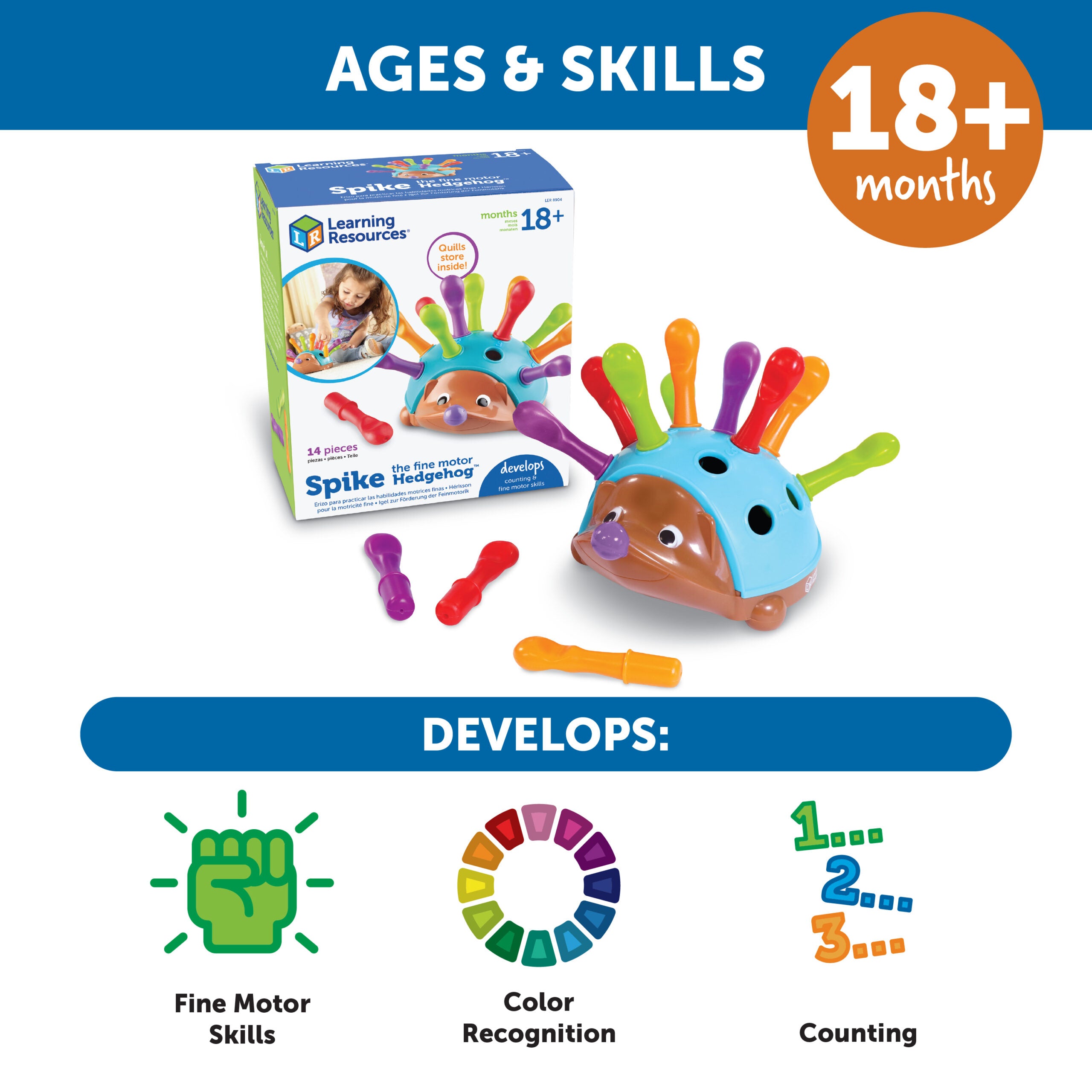 Learning Resources Spike The Fine Motor Hedgehog, Toddler Counting & Colour Matching Toy, Develops Fine Motor Skills, Includes 12 Pegs & Activity Guide, Ages 18+ Months