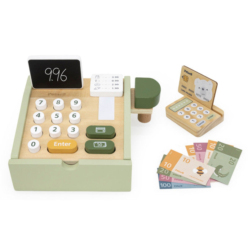 لعبة تسجيل نقدي خشبية من PolarB للأطفال، مجموعة دفع تظاهرية مع ماسح ضوئي وبطاقة ائتمان وعملات معدنية ولفة إيصال، لعبة تعليمية للعب الأدوار للأعمار من 3 سنوات فما فوق